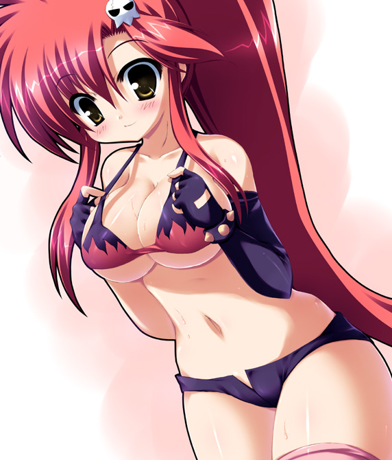 takeponi, yoko littner, tengen toppa gurren lagann, 00s, 1girl, bikini, bikini top only, black bikini, blush, breasts, cleavage, cutoffs, denim, denim shorts, elbow gloves, female focus, gloves, large breasts, micro shorts, ponytail, red hair, shorts, solo, swimsuit, thighhighs, underboob