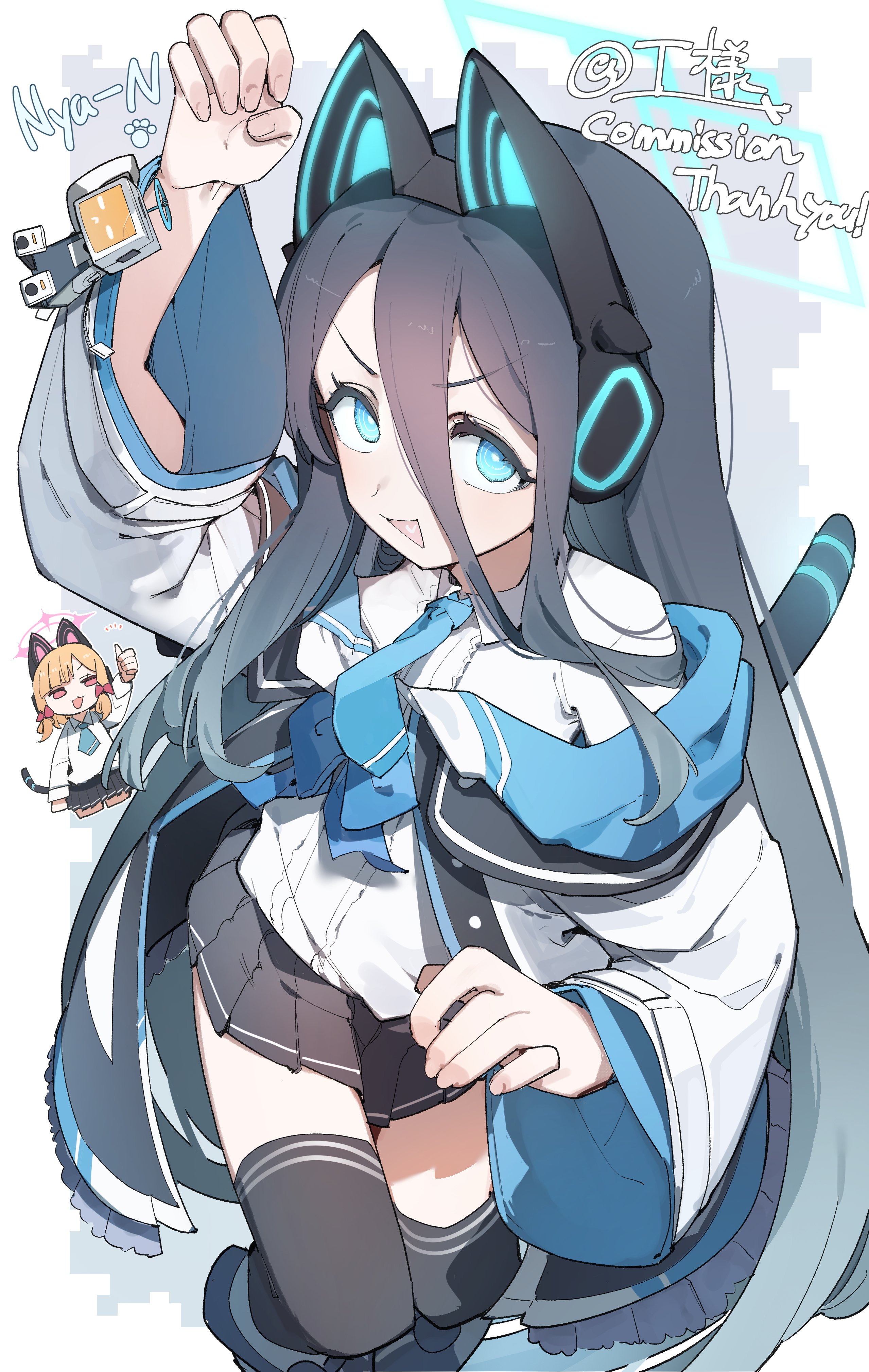 maton 3110, aris (blue archive), kei (robot) (blue archive), momoi (blue archive), blue archive, absurdres, commentary, commentary request, commission, highres, 2girls, :d, animal ear headphones, animal ears, arm up, black hair, black thighhighs, blonde hair, blue eyes, blue halo, blue jacket, blue necktie, bow, collared shirt, dress shirt, english text, fake animal ears, hair bow, halo, headphones, jacket, long hair, long sleeves, looking at viewer, multicolored jacket, multiple girls, necktie, off shoulder, open mouth, pink hair, pleated skirt, red bow, red eyes, robot, shirt, skirt, smile, tail, thighhighs, thumbs up, v-shaped eyebrows, very long hair, white background, white jacket, white shirt, wide sleeves