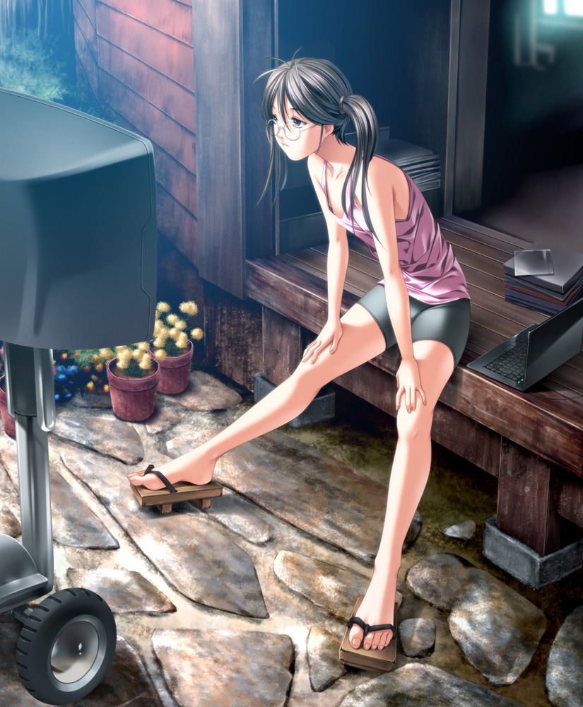 rezi, original, bad id, bad pixiv id, 1girl, bike shorts, black eyes, black hair, computer, computer keyboard, feet, female focus, flower, fujoshi, geta, glasses, laptop, legs, long legs, sandals, side ponytail, sitting, solo, tank top, television, toes, twintails, veranda
