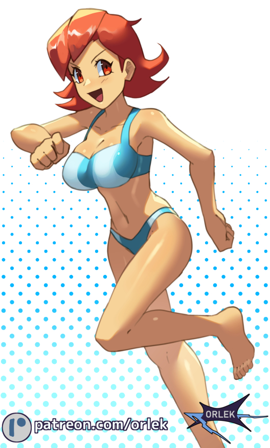 orlek, swimmer (pokemon), nintendo, pokemon, pokemon rse, commentary, english commentary, 1girl, :d, artist name, barefoot, bikini, breasts, cleavage, clenched hands, collarbone, eyelashes, feet, happy, leg up, looking at viewer, navel, open mouth, orange hair, patreon logo, red eyes, shiny skin, short hair, smile, solo, swimsuit, toes, tongue, watermark, web address