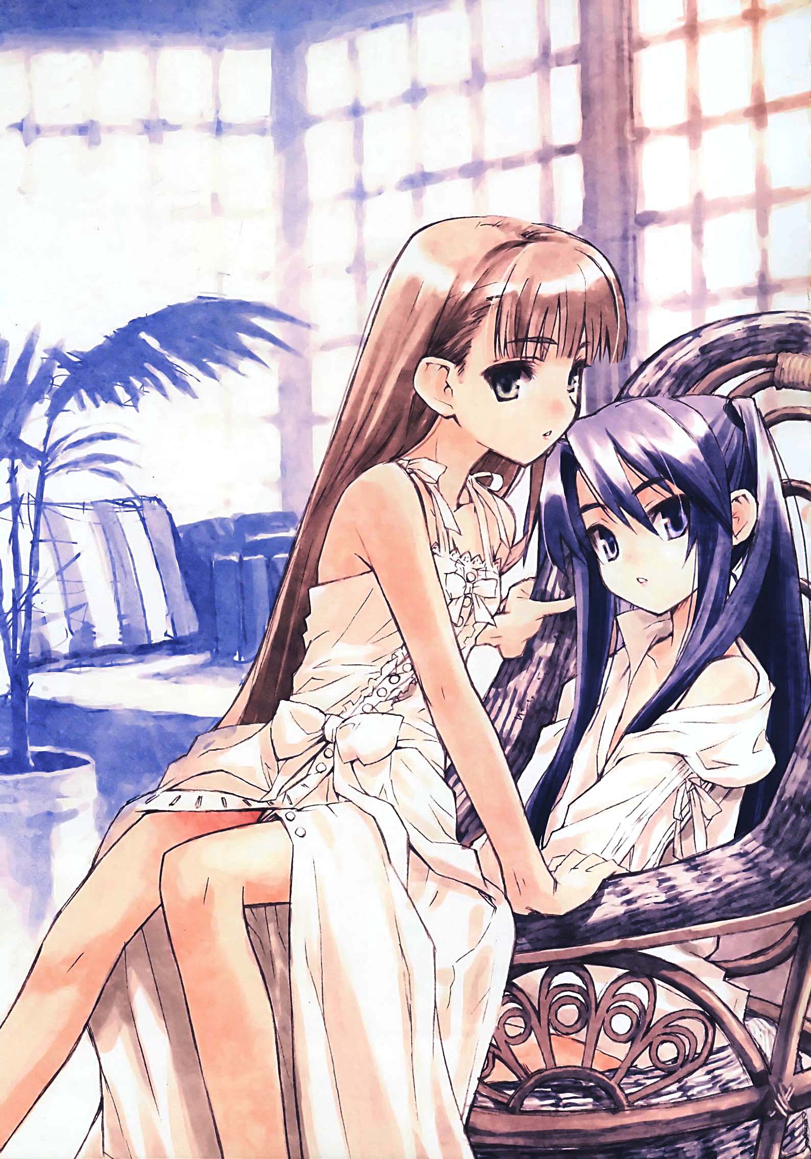 konoe ototsugu, highres, 2girls, blue hair, brown hair, chair, dress, indoors, long hair, multiple girls, off shoulder, plant, sitting, very long hair