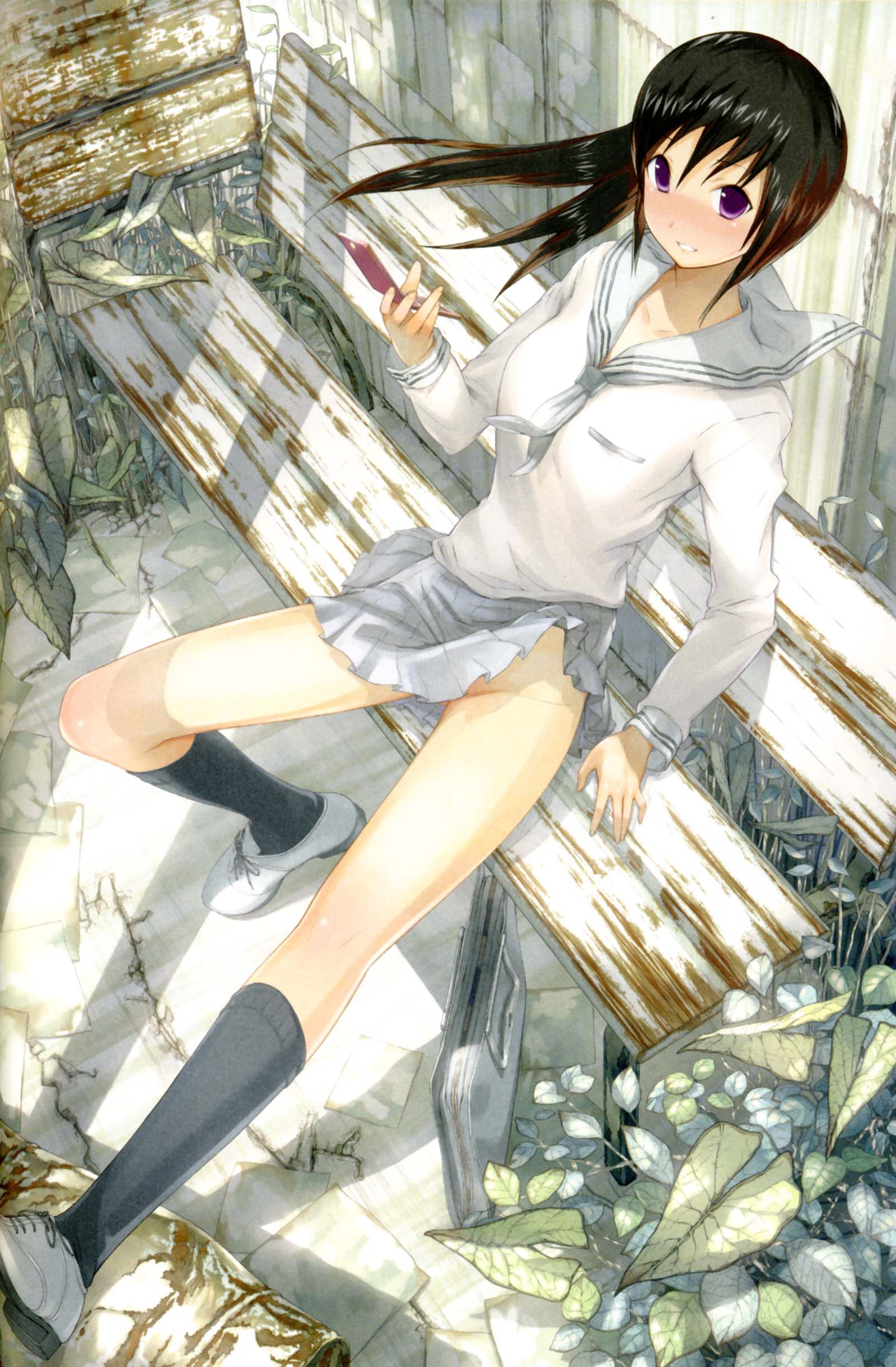 princess spirit, absurdres, highres, 1girl, bench, black hair, blush, cellphone, female focus, nature, no panties, phone, ponytail, purple eyes, school uniform, serafuku, shade, socks, solo, wind, wind lift