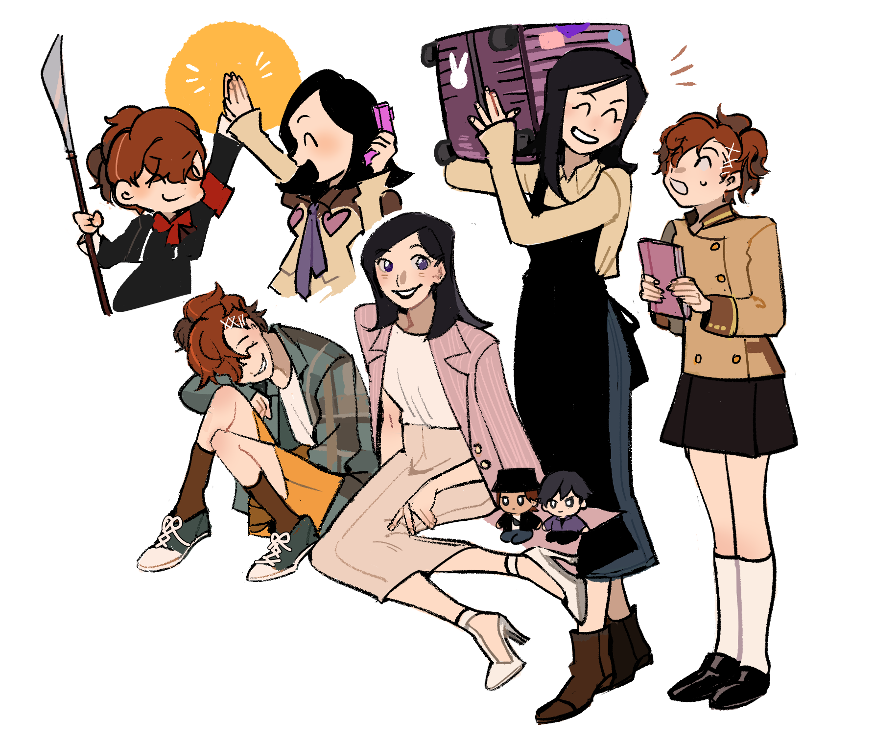 fettuchi, amano maya, shiomi kotone, suou tatsuya, toudou naoya, persona, persona 1, persona 2, persona 2 batsu, persona 3, persona 3 portable, commentary, english commentary, highres, 2girls, apron, armband, black apron, black hair, black shoes, black skirt, blazer, book, boots, bow, brown boots, brown hair, brown jacket, brown shirt, brown skirt, brown socks, buttons, carrying, character doll, closed eyes, closed mouth, doll, double-breasted, flannel, gekkoukan high school uniform, green shoes, grey skirt, grin, gun, hair ornament, hairclip, high five, high heels, holding, holding book, holding gun, holding polearm, holding suitcase, holding weapon, jacket, kneehighs, knees up, long skirt, multiple girls, naginata, necktie, notice lines, open clothes, open mouth, open shirt, orange skirt, pink jacket, polearm, purple eyes, purple necktie, red armband, red bow, school uniform, shirt, shoes, short hair, simple background, sitting, skirt, smile, sneakers, socks, striped clothes, striped jacket, suitcase, sweatdrop, undershirt, vertical-striped clothes, vertical-striped jacket, weapon, white background, white shirt, white shoes, white socks, yokozuwari