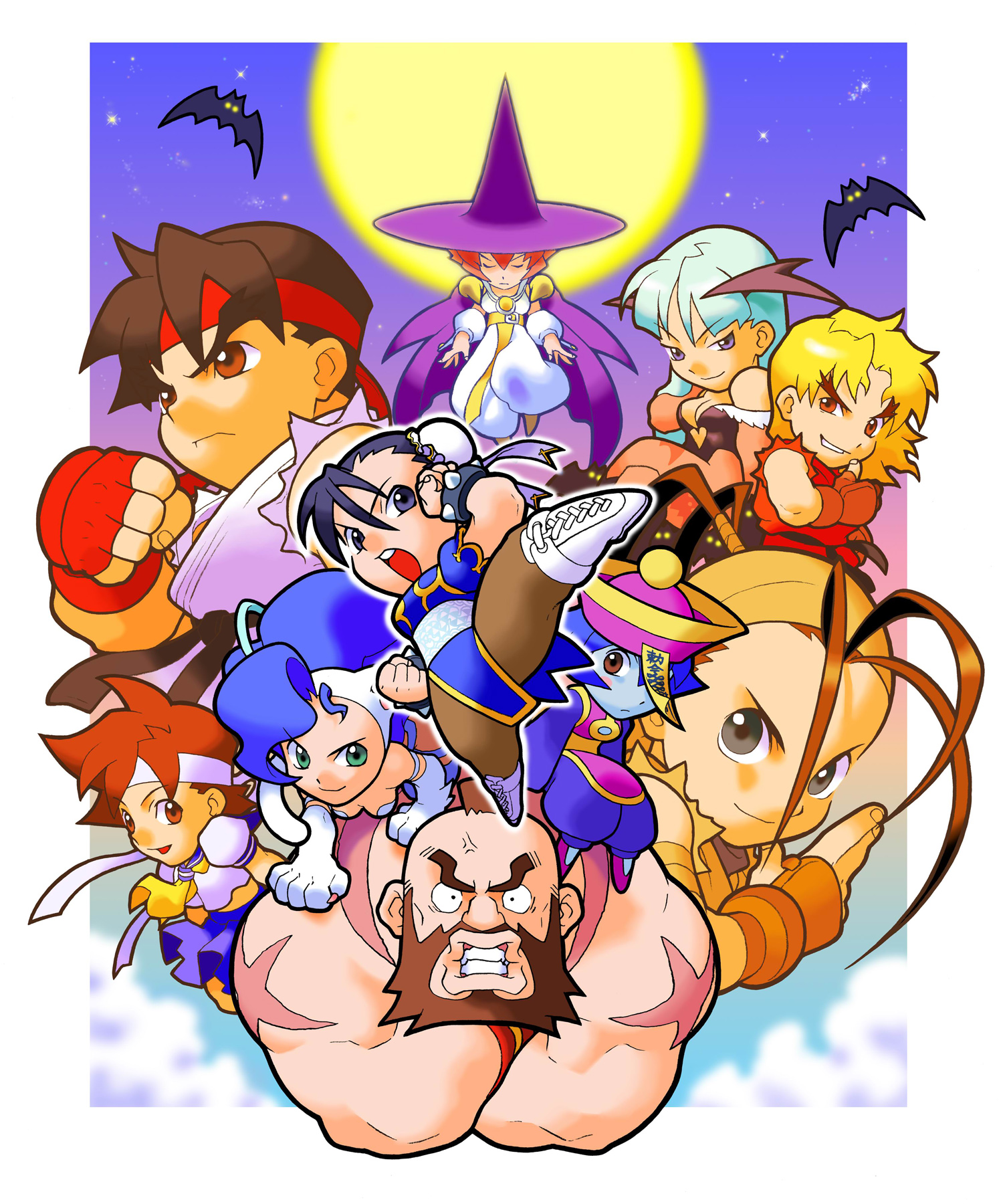 chun-li, felicia (darkstalkers), hsien-ko, ibuki (street fighter), kasugano sakura, ken masters, morrigan aensland, ryu (street fighter), tabasa, zangief, capcom, darkstalkers, pocket fighter, street fighter, street fighter ii (series), street fighter iii (series), street fighter zero (series), warzard, print legwear, highres, official art, 1990s (style), 3boys, 6+girls, animal ears, animal hands, animal print, bat (animal), bat print, bat wings, black hair, blonde hair, blue eyes, blue hair, blue sailor collar, blue skin, breasts, brown eyes, brown hair, bun cover, cape, cat ears, cat tail, chibi, china dress, chinese clothes, cleavage, colored skin, crossover, demon girl, double bun, dress, everyone, fingerless gloves, gloves, green hair, hair bun, hat, head wings, headband, kicking, long hair, medium breasts, moon, multiple boys, multiple girls, muscular, night, ninja, pantyhose, pelvic curtain, red eyes, red hair, retro artstyle, sailor collar, school uniform, serafuku, short hair, skirt, star (symbol), tail, thighhighs, wings, witch