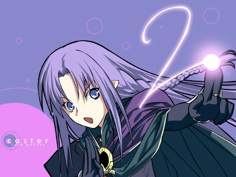 medea (caster) (fate), medea (fate), fate/stay night, fate (series), 00s, blue eyes, braid, cape, gloves, magic, pointy ears, purple hair