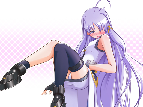 namuru, num, reinforce zwei, lyrical nanoha, mahou shoujo lyrical nanoha, mahou shoujo lyrical nanoha strikers, 00s, 1girl, asymmetrical clothes, blush, female focus, hair ornament, panties, pantyshot, single thighhigh, solo, thighhighs, underwear, x hair ornament