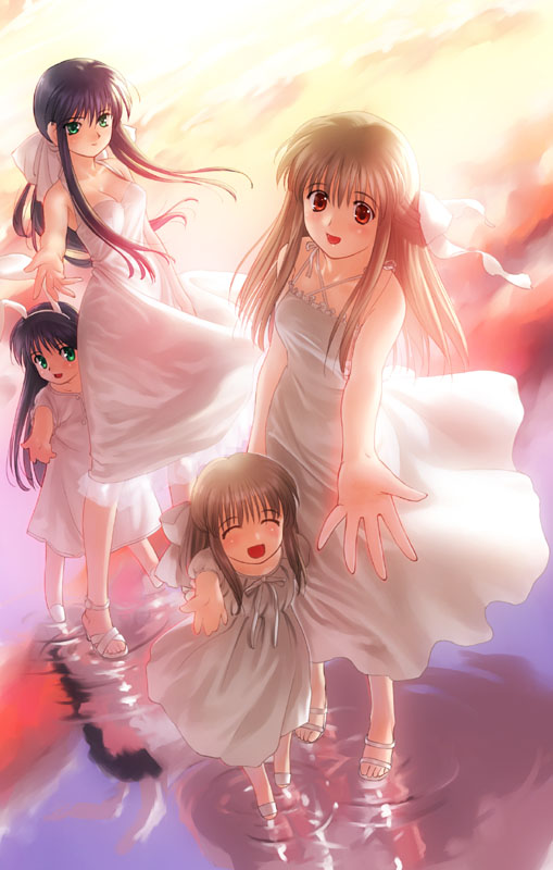 koyama hirokazu, kawasumi mai, kurata sayuri, kanon, ^ ^, aged down, animal ears, breasts, cleavage, closed eyes, day, dress, fake animal ears, half updo, halter dress, halterneck, legs apart, low ponytail, ponytail, rabbit ears, reflection, ripples, standing, time paradox, water