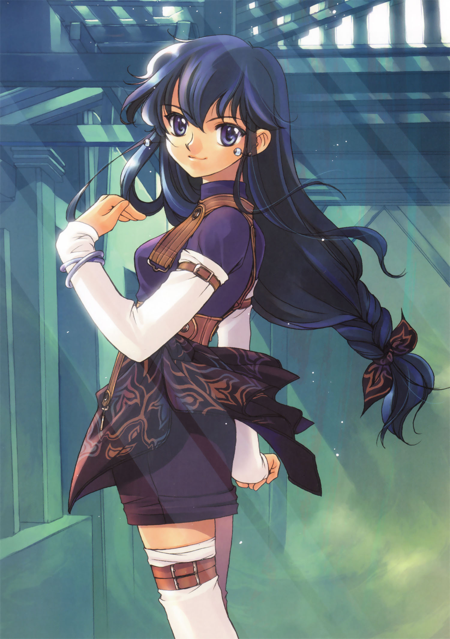 shiina yuu, highres, blue eyes, blue hair, detached sleeves, long hair, solo, thighhighs
