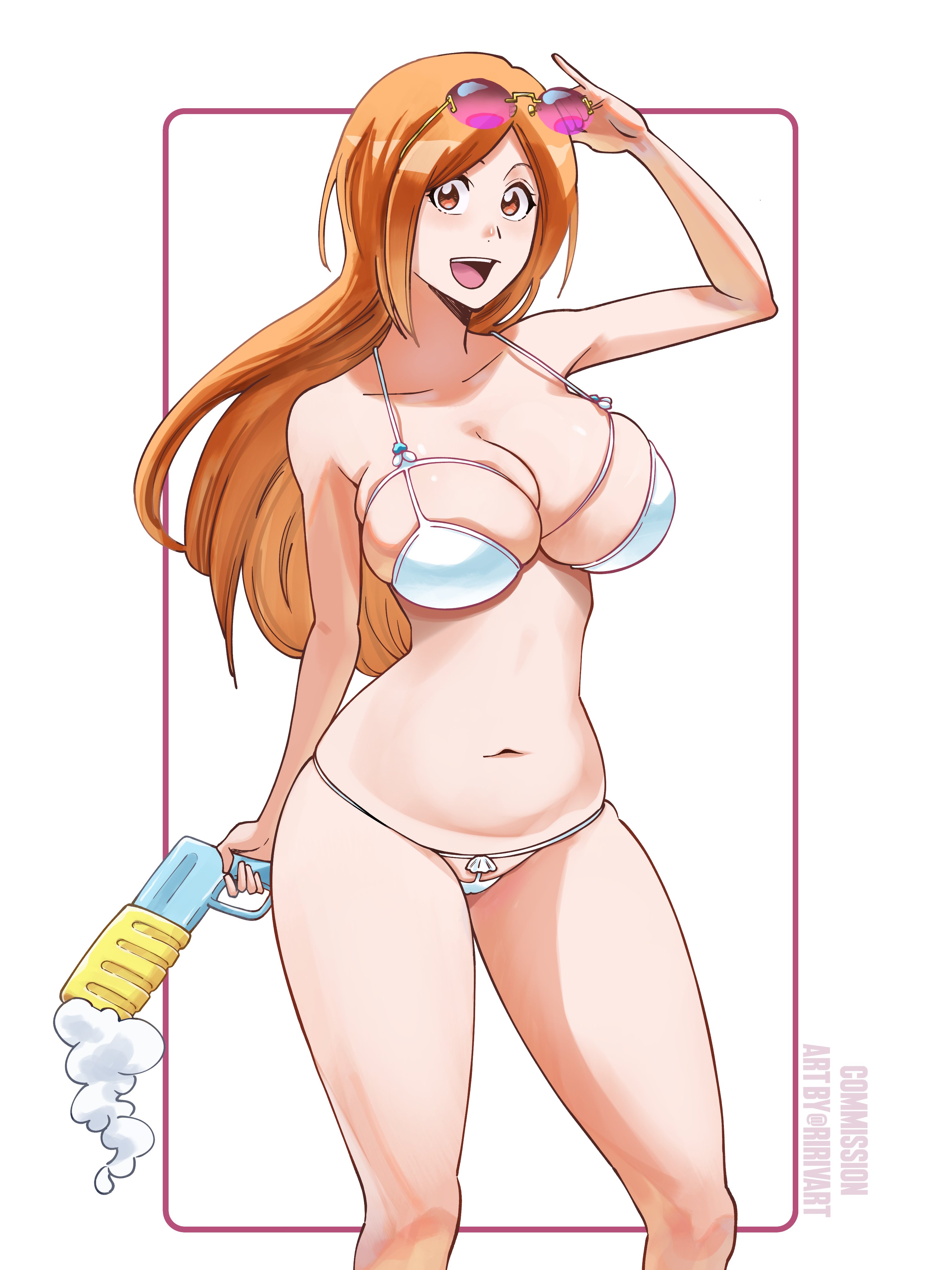 ririvart, inoue orihime, bleach, bleach: epilogue, absurdres, commentary, commission, english commentary, highres, 1girl, bare arms, bare shoulders, belly, bikini, blush, breasts, cleavage, collarbone, eyewear on head, feet out of frame, halterneck, hand up, holding, holding removed eyewear, holding water gun, large breasts, long hair, looking at viewer, navel, official alternate costume, open mouth, orange eyes, orange hair, pink-framed eyewear, revealing clothes, skindentation, solo, stomach, string bikini, sunglasses, swimsuit, teeth, thighs, unworn eyewear, upper teeth only, water gun, white bikini