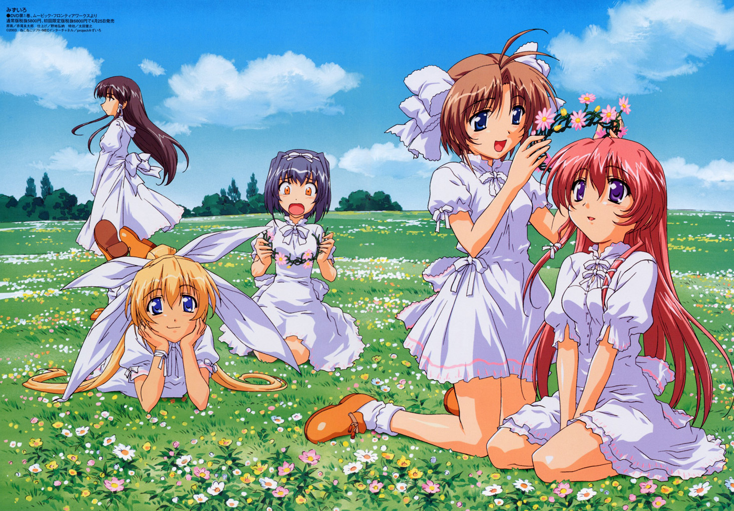 hayasaka hiyori, katase yuki, kouzu asami, onosaki kiyoka, mizuiro, 00s, 5girls, blonde hair, blue hair, brown hair, cloud, day, dress, field, flower, flower field, head wreath, multiple girls, pink hair, red hair, sky