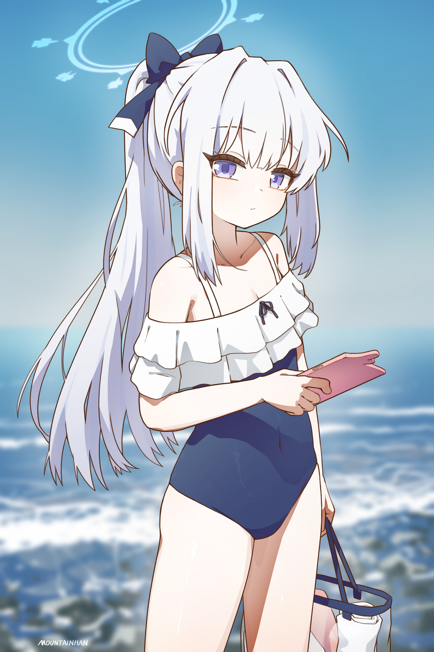 mountain han, miyako (blue archive), miyako (swimsuit) (blue archive), blue archive, highres, 1girl, bag, bare shoulders, black bow, blue halo, blue one-piece swimsuit, bow, cellphone, closed mouth, covered navel, cowboy shot, hair bow, halo, holding, holding bag, holding phone, long hair, looking at viewer, one-piece swimsuit, phone, ponytail, purple eyes, smartphone, solo, swimsuit, white hair