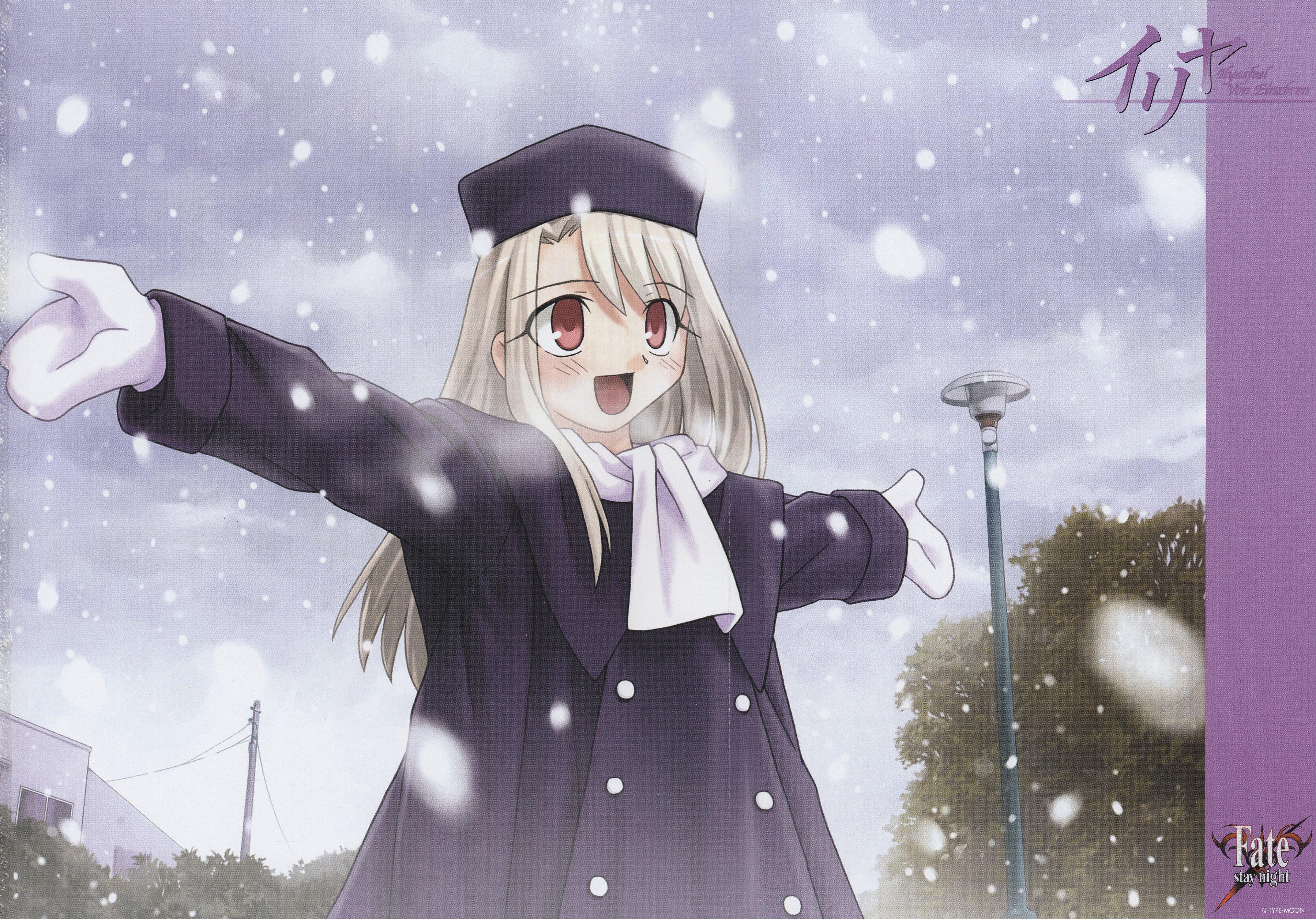 takeuchi takashi, illyasviel von einzbern, fate/stay night, fate (series), absurdres, highres, 00s, 1girl, blush, coat, female focus, hat, long hair, purple hat, red eyes, snow, solo, white hair