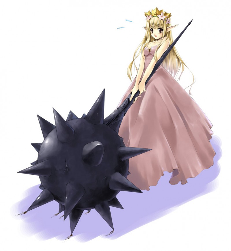 1girl, bare shoulders, blonde hair, dress, female focus, flower, huge weapon, long hair, mace, open mouth, pointy ears, solo, strapless, strapless dress, tongue, weapon, white background