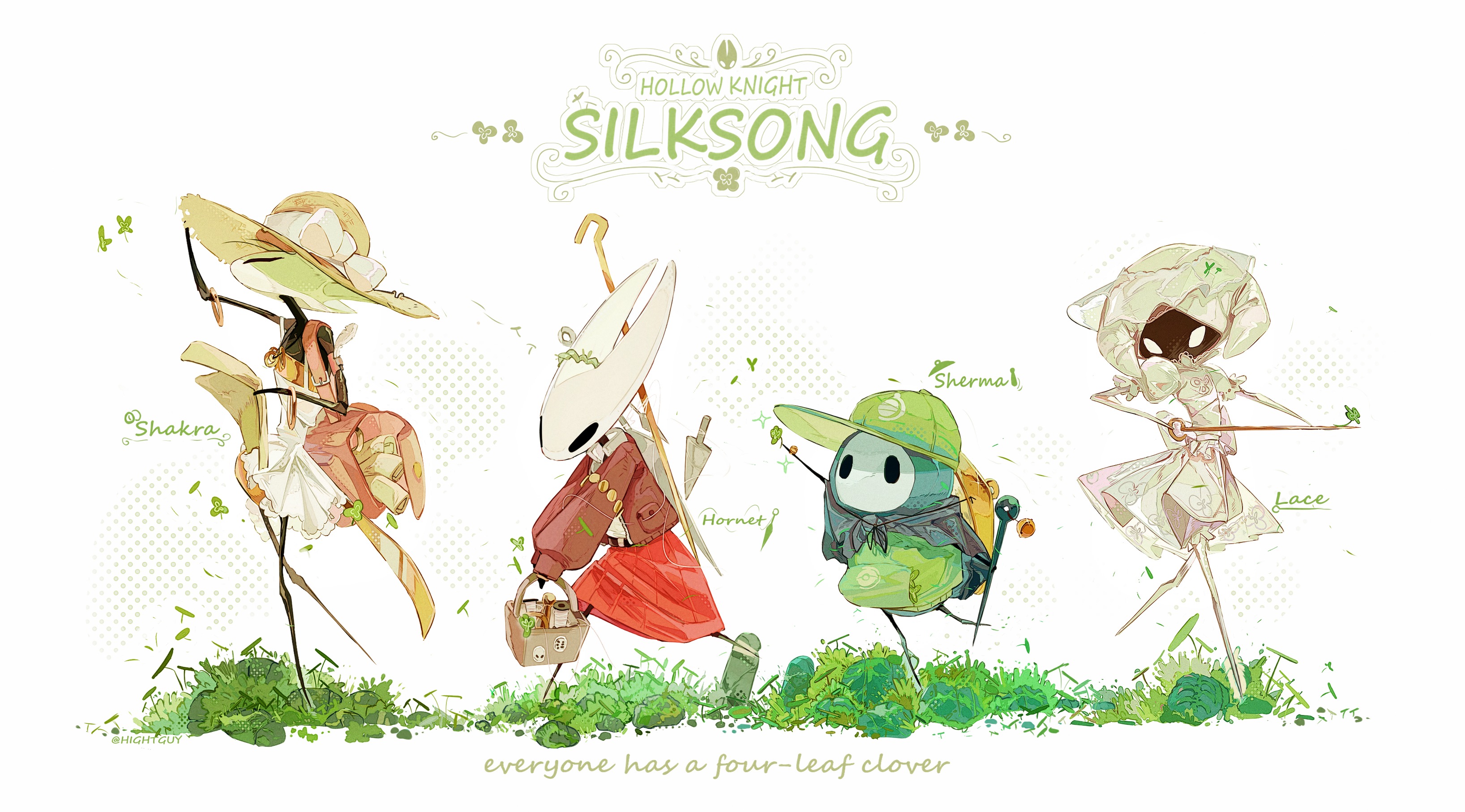 hightguy, hornet (hollow knight), lace (hollow knight), shakra, hollow knight, hollow knight: silksong, absurdres, commentary, english commentary, highres, 1boy, 3girls, adjusting clothes, adjusting headwear, arm up, bag, basket, belt, black belt, black capelet, bow, bracelet, brown hat, capelet, character name, copyright name, dress, film grain, frilled dress, frills, full body, gold bracelet, grass, green hat, halftone, halftone background, hat, hat bow, holding, holding basket, holding needle, holding paper, hollow eyes, horns, jacket, jewelry, leaf, long sleeves, looking ahead, looking at viewer, medium skirt, multiple girls, needle, open clothes, open jacket, paper, paper roll, pocket, puffy long sleeves, puffy sleeves, red bag, red jacket, red skirt, see-through clothes, see-through veil, sherma (hollow knight), shirt, short dress, shoulder bag, simple background, skirt, sleeveless, sleeveless dress, standing, standing on one leg, sun hat, v arms, veil, white background, white bow, white dress, white shirt