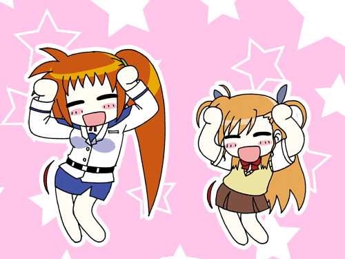 takamachi nanoha, vivio, lyrical nanoha, mahou shoujo lyrical nanoha, mahou shoujo lyrical nanoha strikers, animated, animated gif, lowres, 00s, 2girls, caramelldansen, military, military uniform, multiple girls, side ponytail