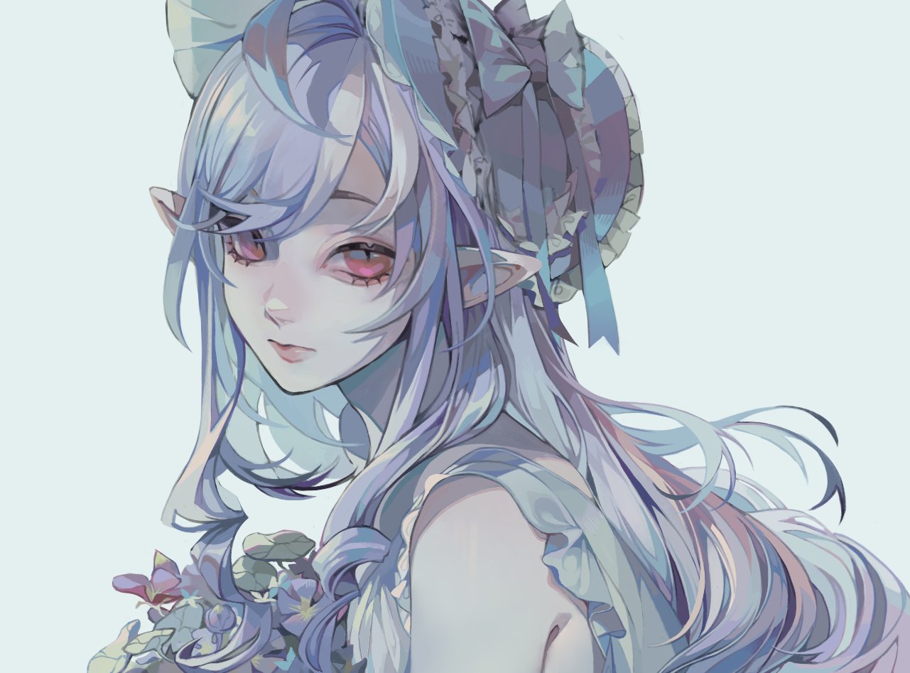 vivian banshee, zenless zone zero, 1girl, bare shoulders, closed mouth, dress, flower, hair over eyes, hat, long hair, looking at viewer, mupdoots, pointy ears, purple flower, purple hair, purple ribbon, red eyes, ribbon, single hair intake, solo, white background, white dress