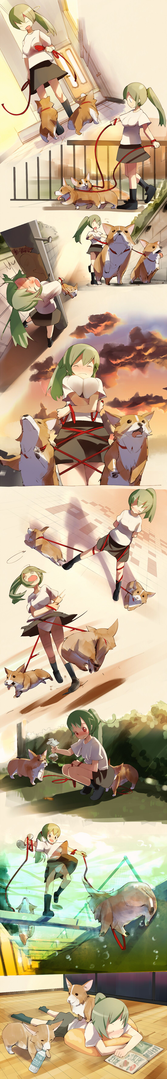 harepore, original, absurdres, highres, long image, tall image, 1girl, @ @, assisted exposure, blush, bound, bra, comic, dog, embarrassed, green hair, leash, long hair, panties, pet walking, ponytail, silent comic, squatting, tied up (nonsexual), underwear, upskirt, walking, welsh corgi, white bra, white panties