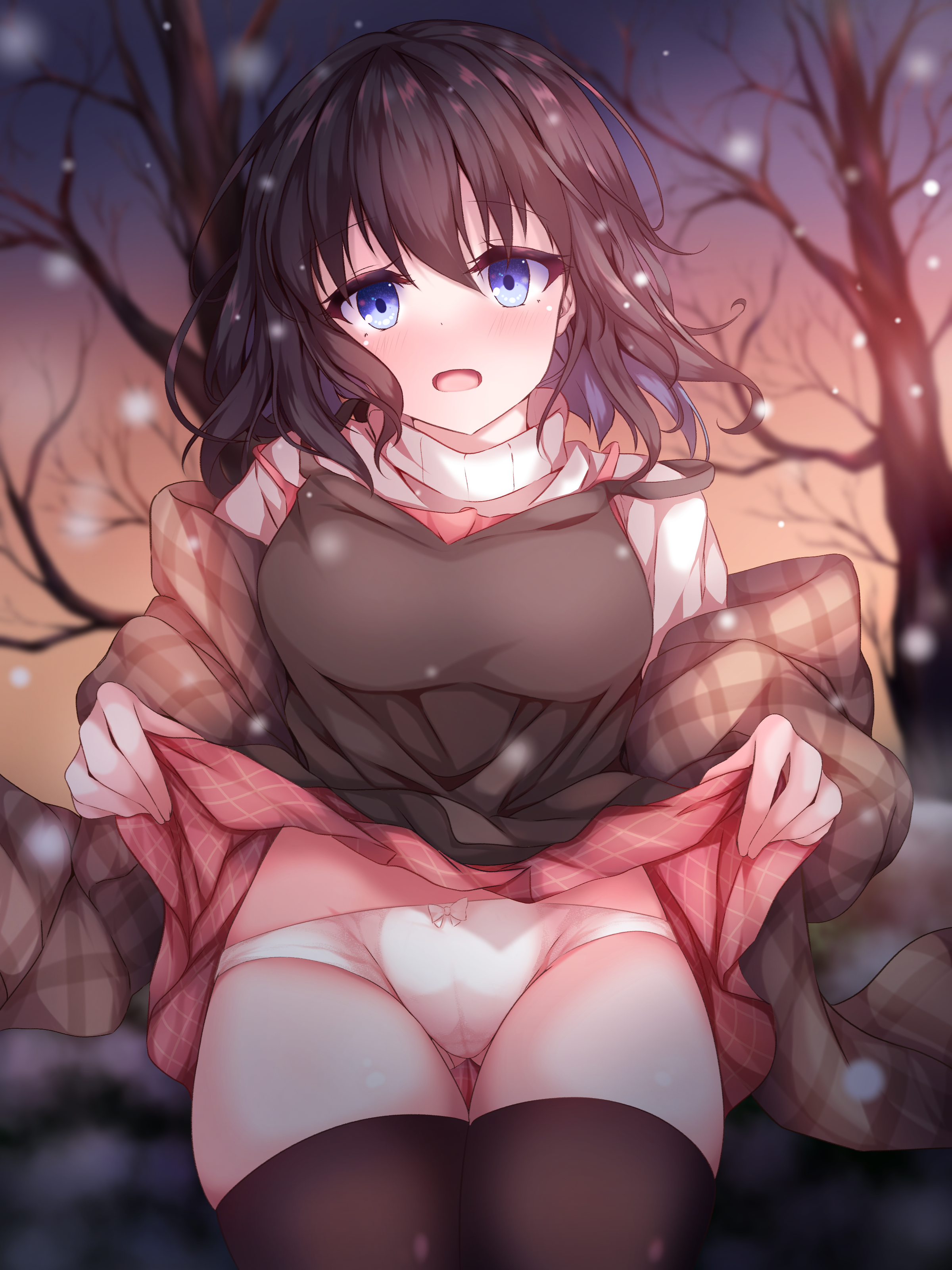 koyo aki (vtvd5277), misaka shiori, kanon, absurdres, commentary, commission, highres, pixiv commission, 1girl, bare tree, black dress, black hair, black thighhighs, blue eyes, blurry, blurry background, blush, bow, bow panties, brown shawl, cameltoe, clothes lift, cowboy shot, dress, eyelashes, floating hair, gluteal fold, groin, lifting own clothes, looking at viewer, medium hair, miniskirt, open mouth, outdoors, panties, plaid clothes, plaid shawl, plaid skirt, red skirt, shawl, skirt, skirt lift, sleeveless, sleeveless dress, snowing, solo, strap slip, sunset, sweater, thigh gap, thighhighs, thighs, tree, turtleneck, turtleneck sweater, underwear, white bow, white panties, white sweater, winter