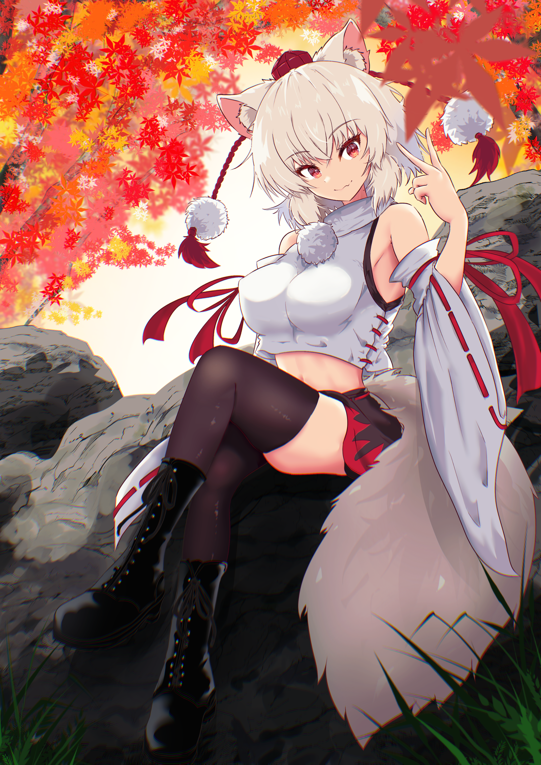 inubashiri momiji, touhou, absurdres, commentary, highres, 1girl, animal ears, autumn leaves, black boots, black skirt, black thighhighs, blue sky (user zgac4337), boots, breasts, closed mouth, combat boots, crossed legs, detached sleeves, fang, grey hair, hat, leaf, looking at viewer, medium breasts, midriff, miniskirt, navel, outdoors, pom pom (clothes), red eyes, red hat, red skirt, ribbon-trimmed sleeves, ribbon trim, rock, shirt, short hair, sitting, skin fang, skirt, sleeveless, sleeveless shirt, smile, solo, tail, thighhighs, tokin hat, two-tone skirt, v, white shirt, white sleeves, wolf ears, wolf girl, wolf tail