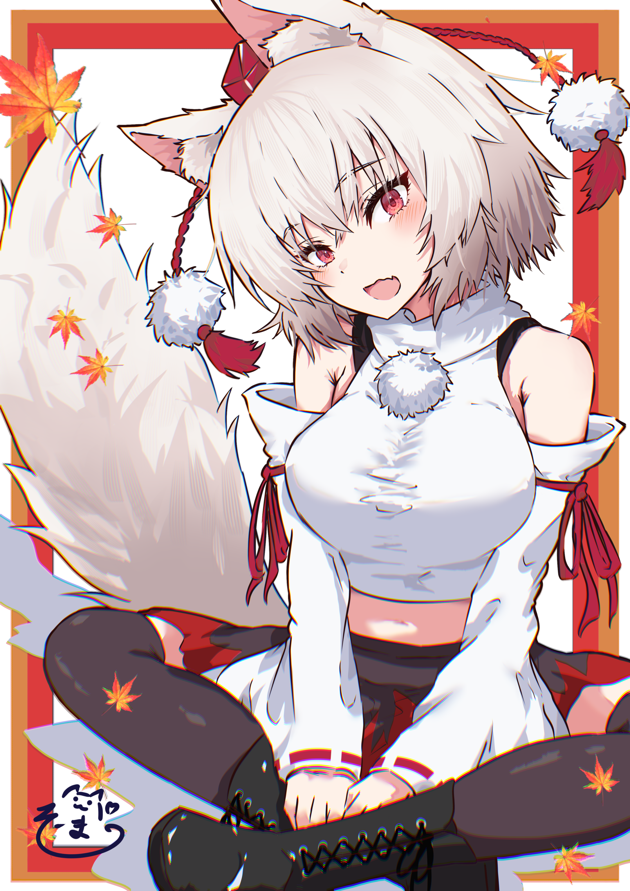 inubashiri momiji, touhou, absurdres, commentary, highres, 1girl, animal ears, artist logo, autumn leaves, black boots, black skirt, black thighhighs, blue sky (user zgac4337), boots, combat boots, detached sleeves, fang, grey hair, hat, head tilt, indian style, leaf, logo, midriff, miniskirt, navel, open mouth, pom pom (clothes), red eyes, red hat, red skirt, ribbon-trimmed sleeves, ribbon trim, shirt, short hair, signature, sitting, skin fang, skirt, sleeveless, sleeveless shirt, smile, solo, tail, thighhighs, tokin hat, two-tone skirt, v arms, white shirt, white sleeves, wolf ears, wolf girl, wolf tail