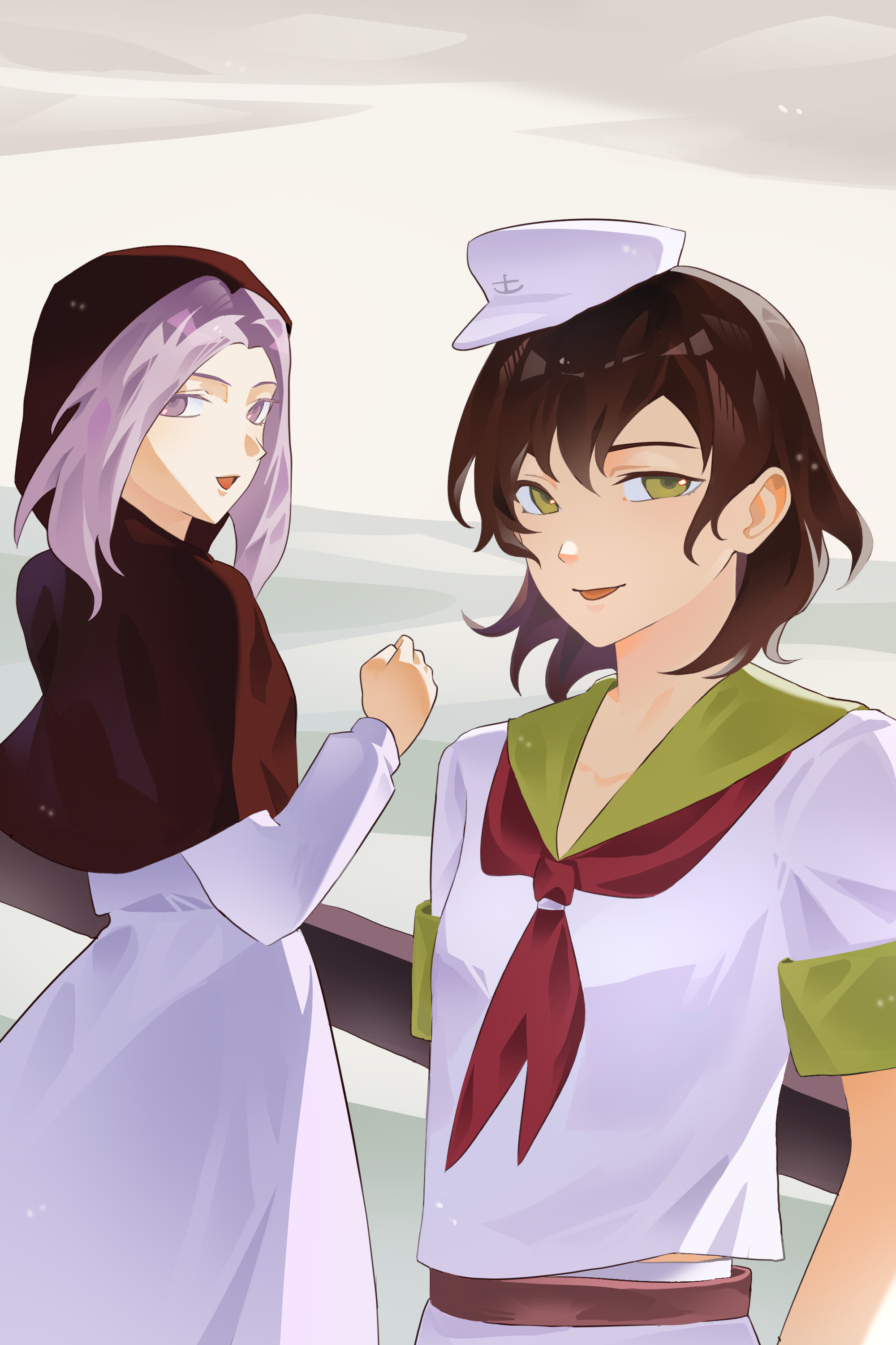 thursyue, kumoi ichirin, murasa minamitsu, touhou, absurdres, highres, 2girls, :d, anchor symbol, belt, black hair, black hood, blue eyes, blue hair, brown belt, cloud, cloudy sky, collared shirt, dress, green eyes, hat, hood, long sleeves, looking at viewer, medium hair, multiple girls, neckerchief, open mouth, outdoors, red neckerchief, shirt, short sleeves, sky, smile, white dress, white hat, white shirt