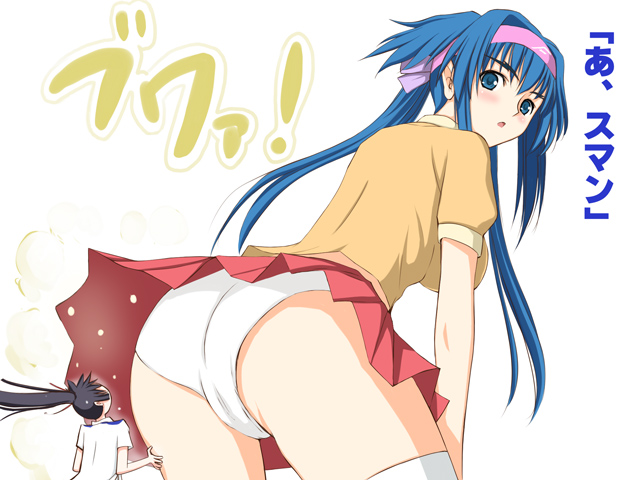 niwatori kokezou, klan klein, saotome alto, zentradi, macross, macross frontier, translated, 00s, 1boy, 1girl, ass, blue hair, fart, giant, giantess, green eyes, miniskirt, panties, pointy ears, skirt, smell, thighhighs, underwear