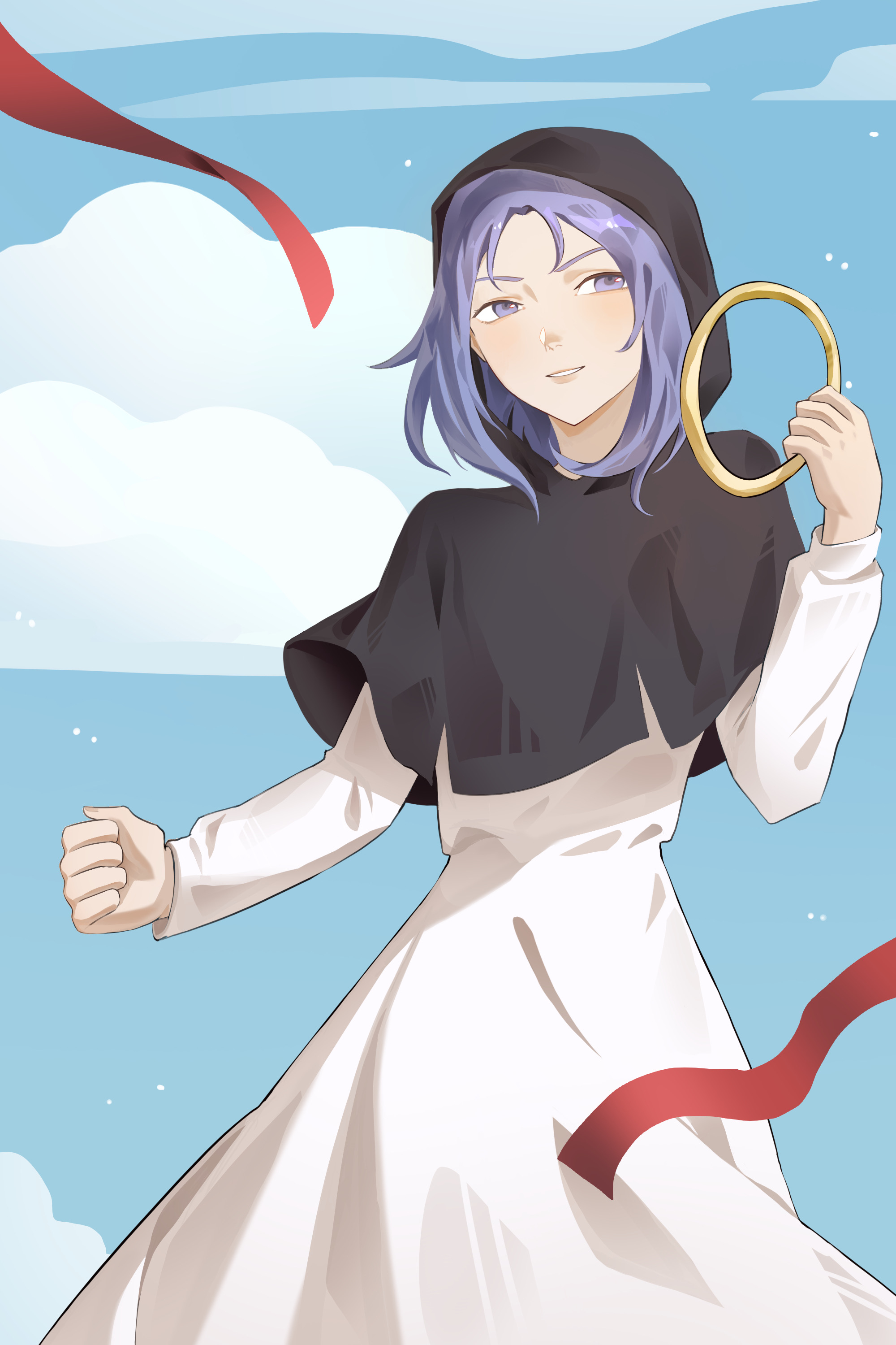 thursyue, kumoi ichirin, touhou, absurdres, highres, 1girl, black hood, blue eyes, blue hair, blue sky, clenched hand, cloud, cowboy shot, dress, grin, holding, holding jewelry, holding ring, jewelry, long sleeves, looking to the side, medium hair, ribbon, ring, sky, smile, solo, white dress
