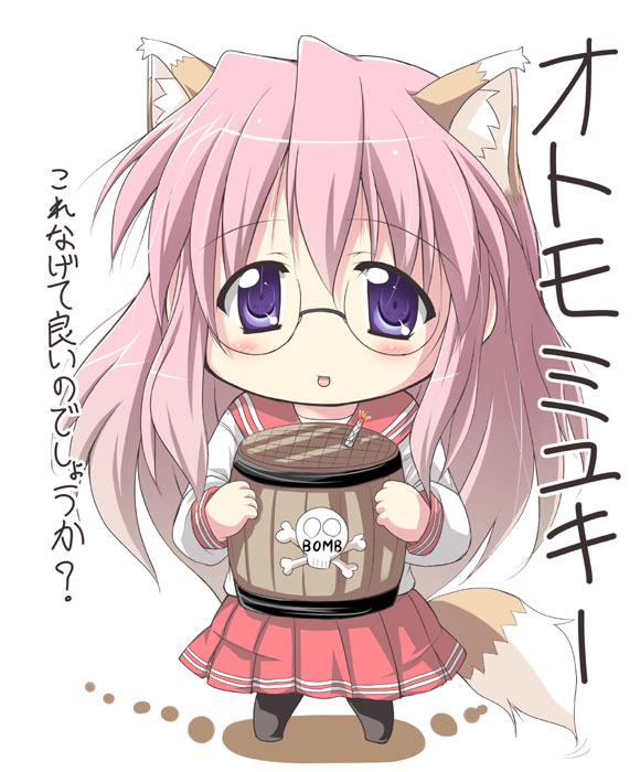 tekehiro, takara miyuki, lucky star, translation request, 00s, animal ears, bomb, chibi, explosive, fox ears, glasses, pantyhose, purple eyes, solo, tail