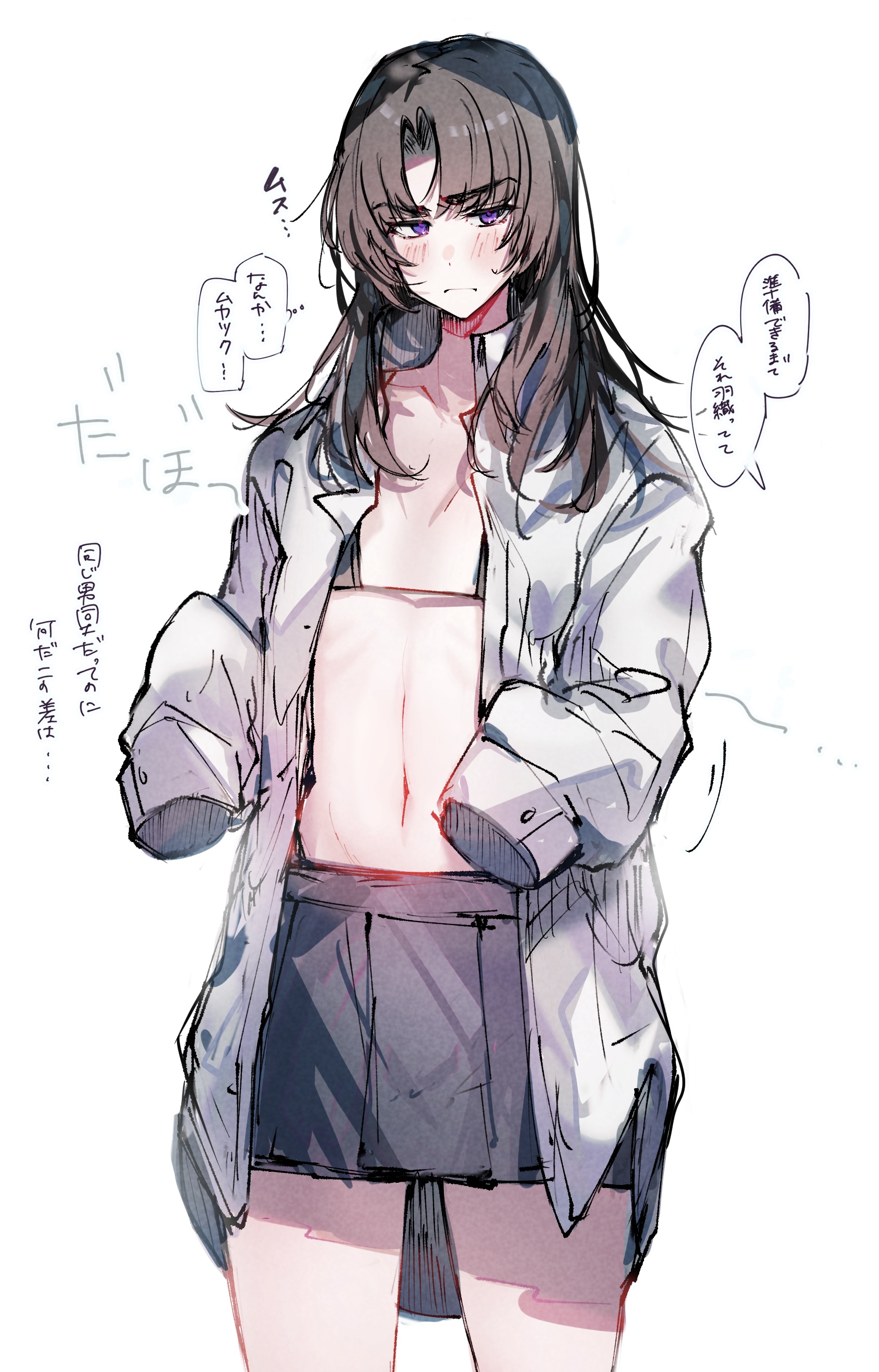 imamiya pinoko, original, absurdres, highres, translated, 1boy, ayase ayato (imamiya pinoko), bikini, bikini under clothes, black hair, crossdressing, crossdressing (mtf), long hair, open clothes, open shirt, purple eyes, sleeves past fingers, sleeves past wrists, swimsuit, thick eyebrows, trap, white background