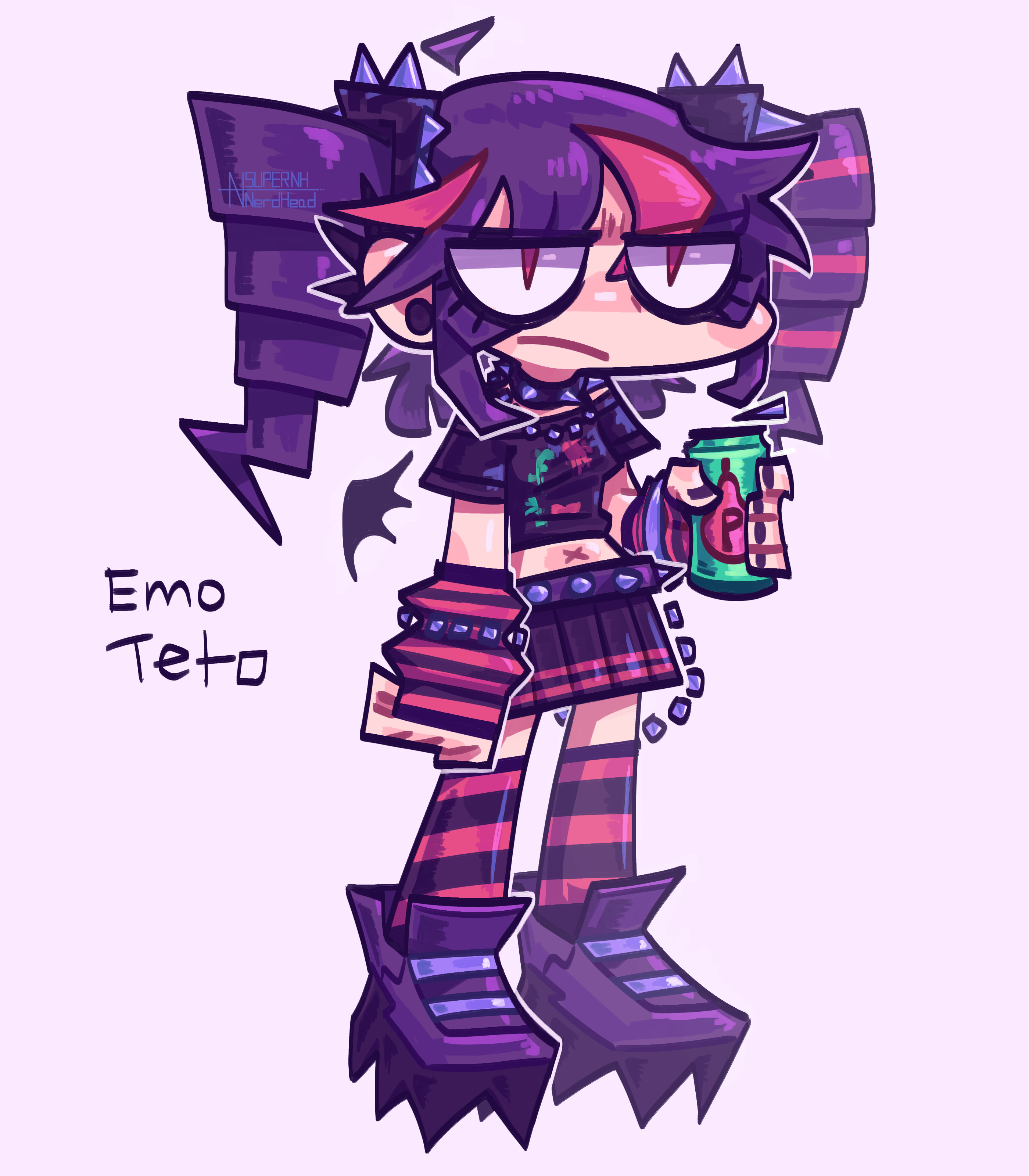 kasane teto, utau, absurdres, commentary, english commentary, highres, 1girl, ahoge, angry, arm warmers, black eyeliner, black hair, black nails, black shirt, black shoes, black skirt, bracelet, can, cleats, closed mouth, collar, crop top, drill hair, earrings, emo fashion, energy drink, english text, eyeliner, full body, holding, holding can, jewelry, makeup, multicolored hair, navel, necklace, pleated skirt, print shirt, purple background, red eyes, red hair, shirt, shoes, short sleeves, skirt, spiked belt, spiked collar, spiked hair ornament, spikes, standing, streaked hair, striped arm warmers, striped clothes, striped thighhighs, stud earrings, studded bracelet, super nh (n3r6-h3a6), thighhighs, twin drills, two-tone arm warmers, two-tone hair, two-tone thighhighs, wallet chain