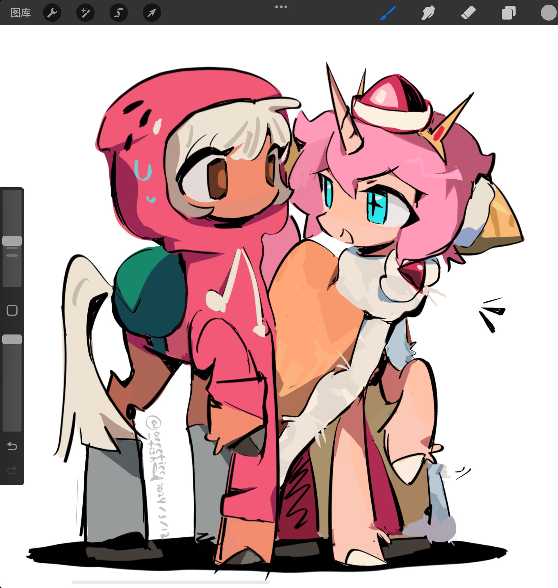 arrcticc fish, strawberry cookie, strawberry crepe cookie, cookie run, cookie run: kingdom, my little pony, my little pony: friendship is magic, screencap, chinese commentary, commentary request, highres, 2024, :d, animal focus, animalization, aqua eyes, bright pupils, brown capelet, brown eyes, capelet, dated, double-parted bangs, drawstring, eye contact, fur-trimmed capelet, fur trim, green bag, hair between eyes, hat, hood, hood up, hoodie, long sleeves, looking at another, no humans, open mouth, pink hair, pink hoodie, pony (animal), procreate (software), shadow, short hair, simple background, smile, sweat, twitter username, unicorn, white background, white hair, white tail