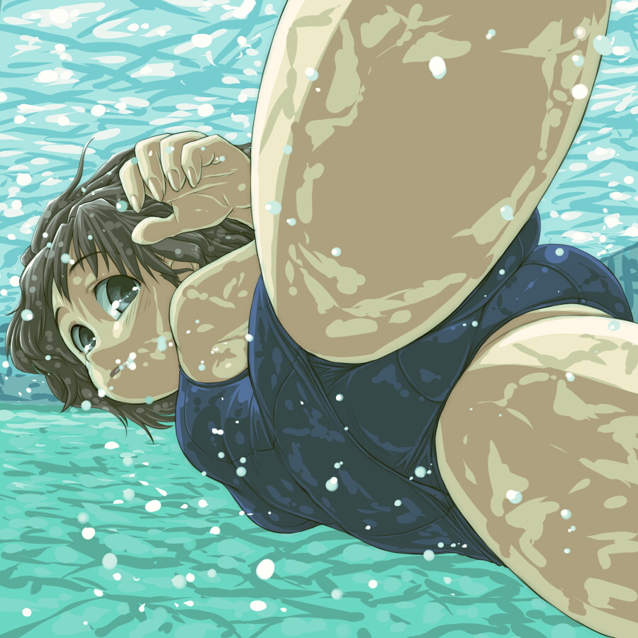 dd (ijigendd), bad id, bad pixiv id, 1girl, ass, brown hair, caustics, female focus, one-piece swimsuit, school swimsuit, short hair, solo, swimming, swimsuit, underwater