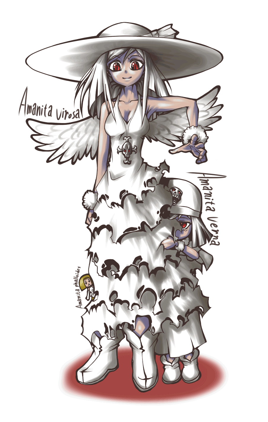 oso (toolate), amanita phalloides, amanita verna, amanita virosa, original, oso-teki kinoko gijinka zukan, highres, 3girls, albino, bare shoulders, blonde hair, blush, boots, chibi, coat, cross, cross moline, cross necklace, detached sleeves, dress, hat, jewelry, looking at viewer, multiple girls, mushroom, necklace, personification, red eyes, simple background, skull, sleeveless, smile, white background, white hair, wings