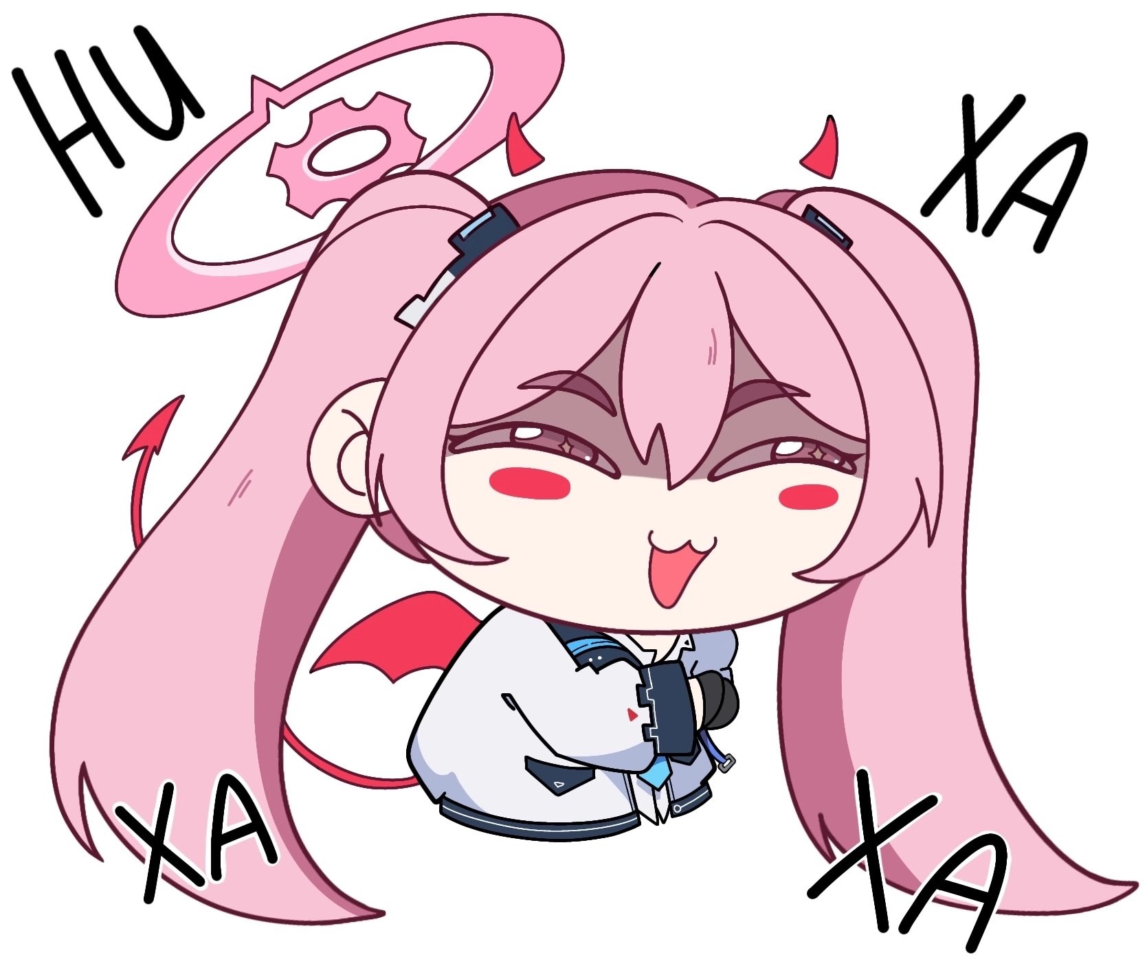 koyuki (blue archive), blue archive, highres, demon horns, demon tail, demon wings, eyes in shadow, halo, horns, ikkimoshi (ikki), jacket, open mouth, pink eyes, pink hair, pink halo, russian text, tail, twintails, white background, wings