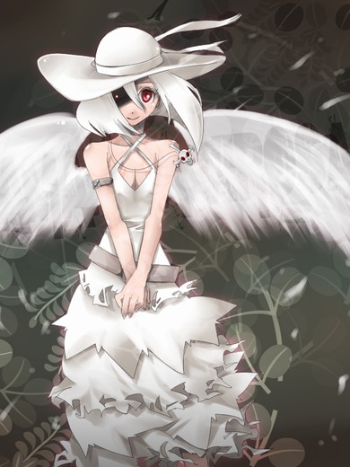 oso (toolate), amanita virosa, original, oso-teki kinoko gijinka zukan, 1girl, bare shoulders, breasts, cleavage, cross, cross necklace, dress, female focus, hat, inverted cross, jewelry, latin cross, looking at viewer, medium breasts, mushroom, necklace, personification, red eyes, short hair, skull, sleeveless, solo, white hair, wings