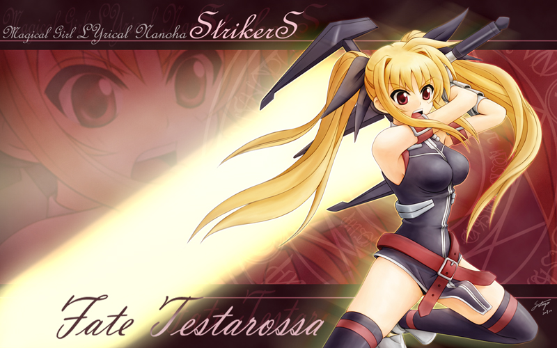 satogo, bardiche (nanoha), bardiche (zanber form) (nanoha), fate testarossa, fate testarossa (true sonic form), lyrical nanoha, mahou shoujo lyrical nanoha, mahou shoujo lyrical nanoha strikers, 00s, angry, blonde hair, energy sword, gauntlets, huge weapon, red eyes, solo, sword, thighhighs, twintails, weapon