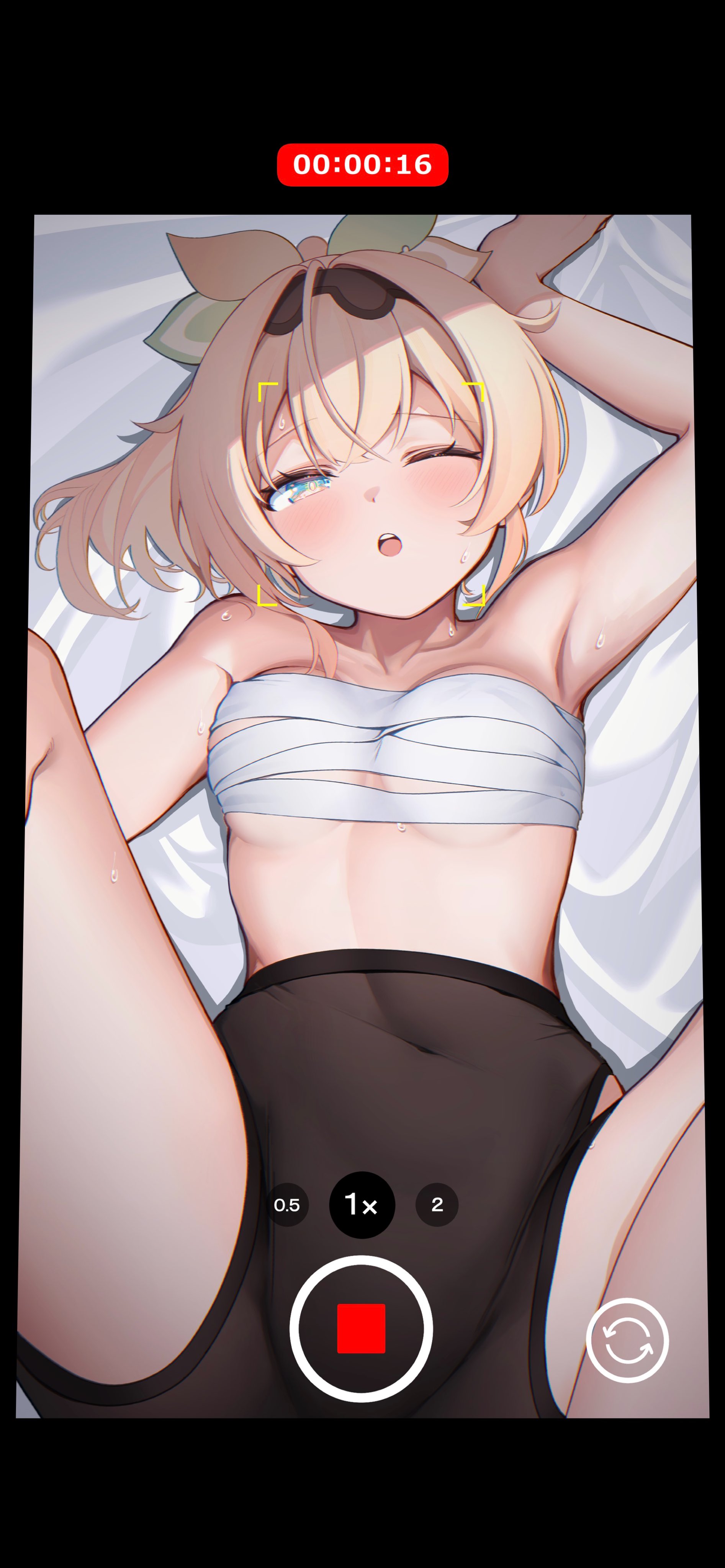 mawata0618, kazama iroha, kazama iroha (1st costume), hololive, absurdres, highres, 1girl, armpits, bare shoulders, bed, bike shorts, blonde hair, blue eyes, breasts, camera phone, chest sarashi, collarbone, covered navel, hair between eyes, lying, medium breasts, medium hair, on back, one eye closed, ponytail, sarashi, sweat, virtual youtuber