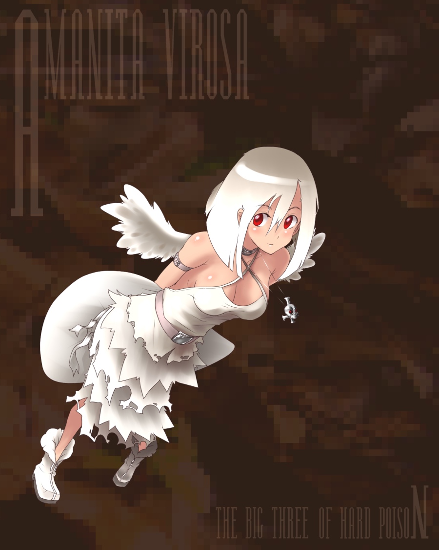 oso (toolate), amanita virosa, original, oso-teki kinoko gijinka zukan, 1girl, albino, bare shoulders, belt, boots, breasts, cleavage, cross, cross necklace, dress, female focus, hat, inverted cross, jewelry, large breasts, latin cross, looking at viewer, mushroom, necklace, personification, red eyes, short hair, skull, sleeveless, smile, solo, white hair, wings