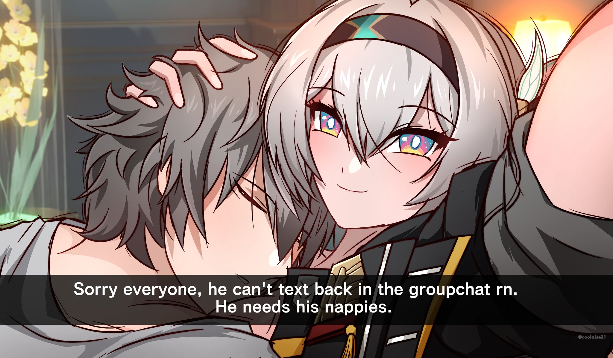c00laise, caelus (honkai: star rail), firefly (honkai: star rail), trailblazer (honkai: star rail), honkai: star rail, honkai (series), highres, 1boy, 1girl, black hairband, black jacket, black ribbon, bright pupils, closed mouth, gradient eyes, grey hair, hair between eyes, hair intakes, hair ornament, hair ribbon, hairband, jacket, long hair, multicolored eyes, ribbon, shirt, sleeping, sleeping on person, smile, white pupils, white shirt