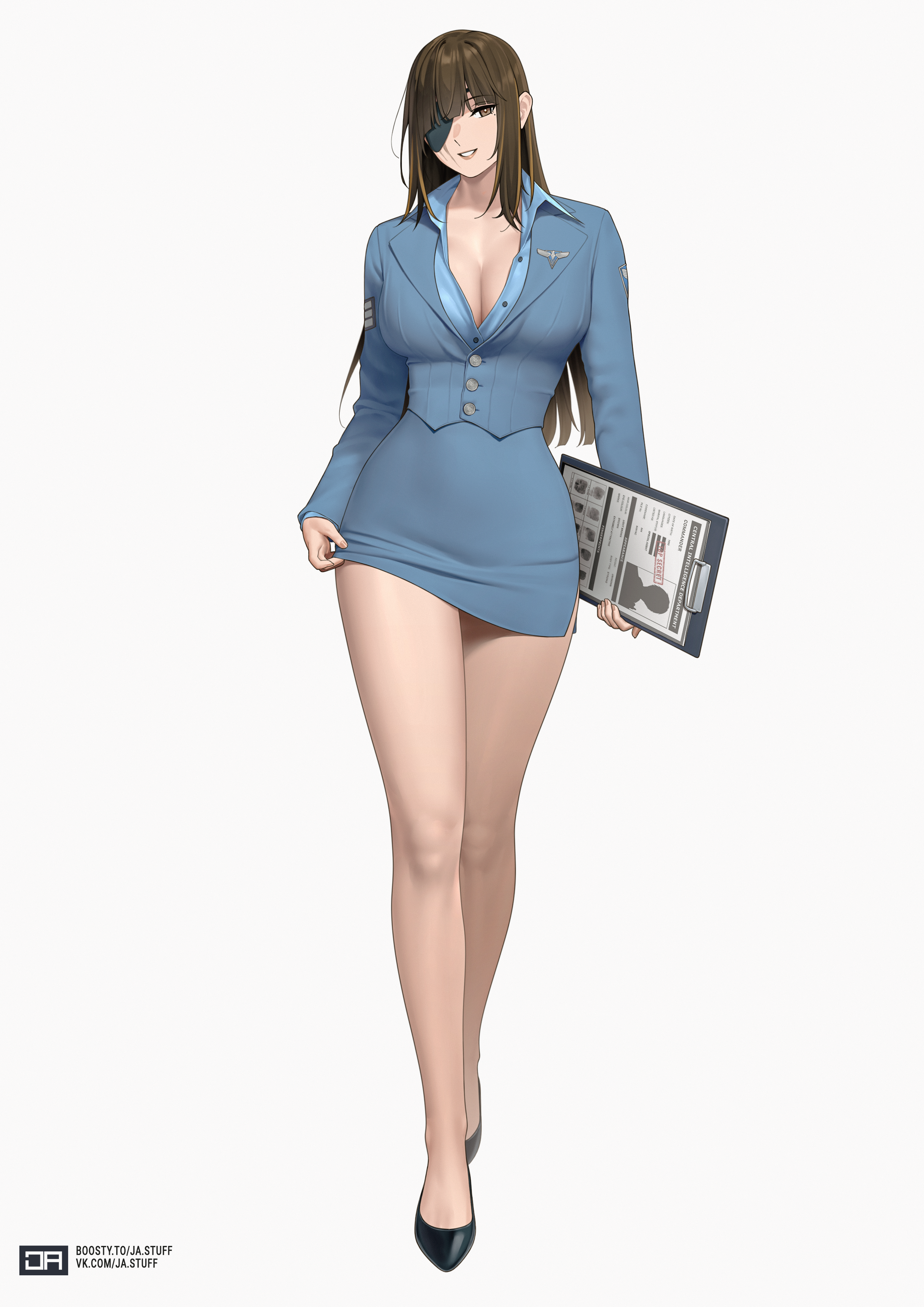 j adsen, m16a1 (girls' frontline), girls' frontline, absurdres, commentary, english commentary, highres, mixed-language commentary, textless version, 1girl, alternate costume, artist name, black shoes, blonde hair, blue jacket, blue shirt, blue skirt, boosty username, breasts, brown eyes, brown hair, cleavage, clipboard, collared shirt, eyepatch, full body, grey background, holding, holding clipboard, jacket, large breasts, legs, long hair, looking at viewer, mole, mole under eye, multicolored hair, open mouth, partially unbuttoned, pencil skirt, russian commentary, scar, scar across eye, scar on face, shirt, shoes, simple background, skirt, smile, solo, standing, streaked hair, thighs, two-tone hair, vk username, white mouth