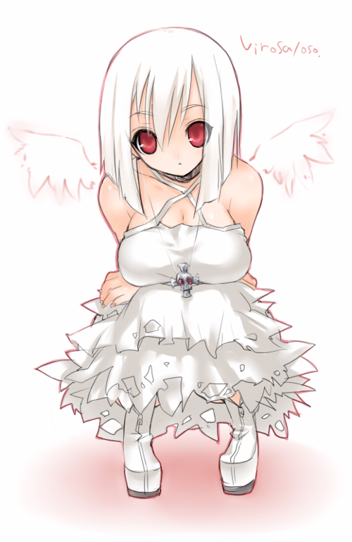 oso (toolate), amanita virosa, original, oso-teki kinoko gijinka zukan, 1girl, albino, bare shoulders, boots, breasts, cleavage, cross, cross necklace, dress, female focus, hat, jewelry, large breasts, looking at viewer, mushroom, necklace, no bra, open mouth, personification, red eyes, short hair, simple background, skull, sleeveless, solo, squatting, staring, white background, white hair, wings