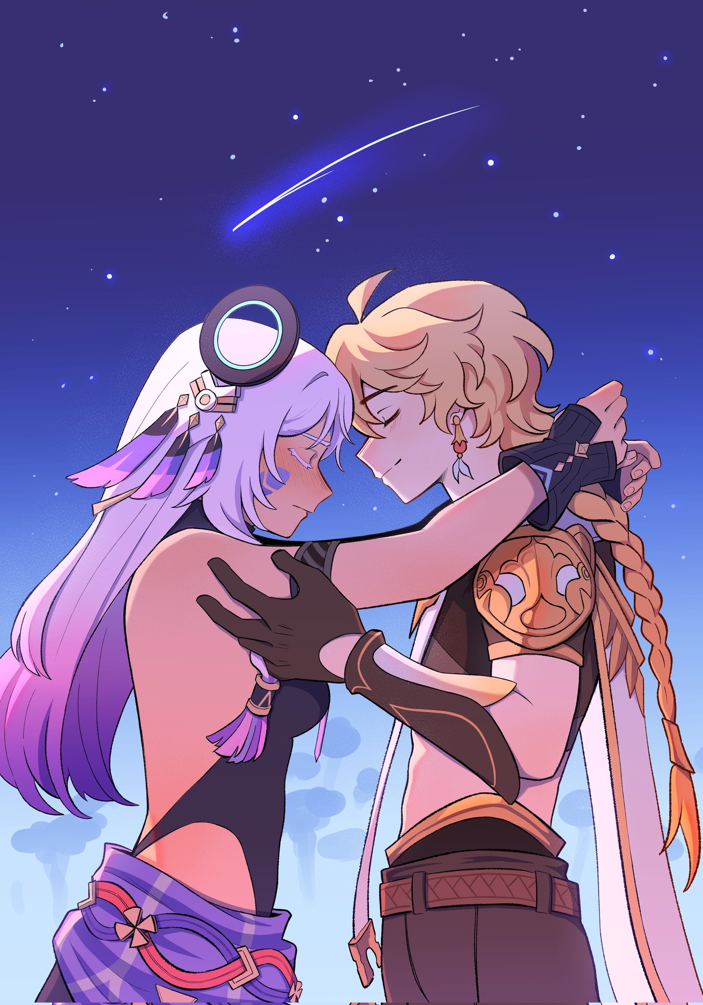 bee (frogboy38618514), aether (genshin impact), citlali (genshin impact), genshin impact, highres, ahoge, backless outfit, blonde hair, blush, braid, braided ponytail, breasts, brown gloves, closed eyes, dress, earrings, gloves, gradient hair, hetero, jewelry, long hair, medium breasts, multicolored hair, navel, pink hair, purple hair, shooting star, single earring, skirt, star (sky), wrist cuffs