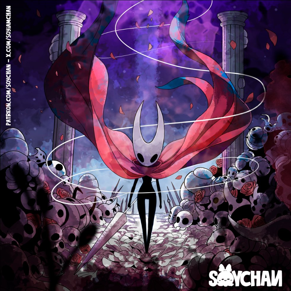soy-chan, hornet (hollow knight), hollow knight, hollow knight: silksong, commentary, english commentary, 1girl, arthropod girl, artist name, black skin, cloak, colored skin, holding, holding weapon, hollow eyes, horned mask, looking at viewer, mask, needle (hollow knight), red cloak, solo, standing, thigh gap, thread, weapon