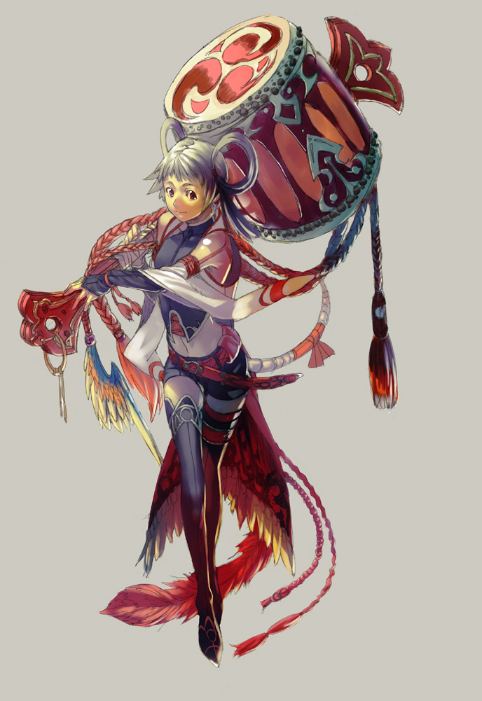yamakawa, bare shoulders, feathers, grey hair, mallet, new year, red eyes, rope, solo, thighhighs