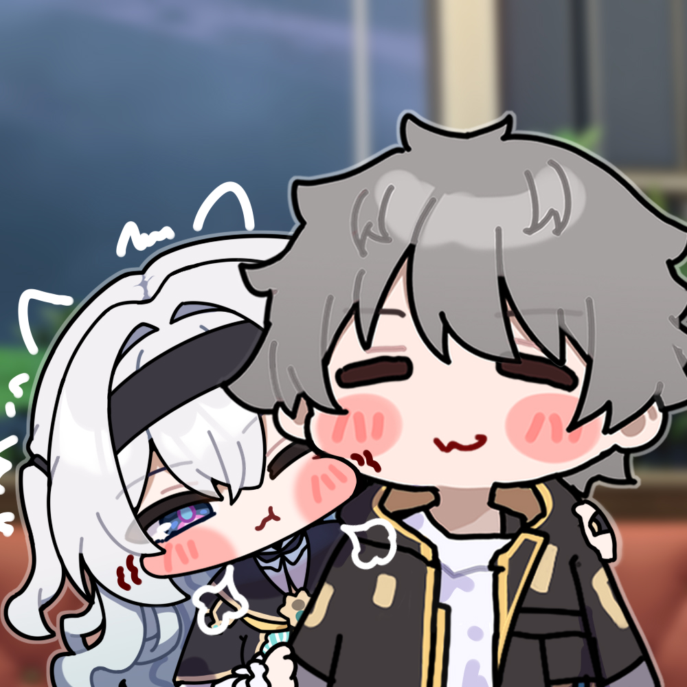 ldd.ek, caelus (honkai: star rail), firefly (honkai: star rail), trailblazer (honkai: star rail), honkai: star rail, honkai (series), 1boy, 1girl, :3, black hairband, black jacket, blue pupils, blush, blush stickers, closed eyes, closed mouth, collared shirt, hair tubes, hairband, jacket, multicolored eyes, one eye closed, open clothes, open jacket, puffy cheeks, shirt, smile, white shirt