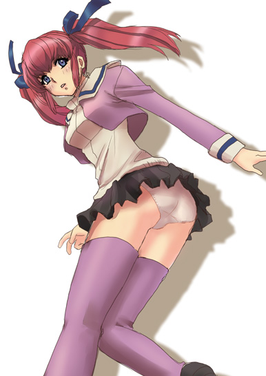 izumi rion, haman karn, char's deleted affair, gundam, 1girl, female focus, miniskirt, panties, pantyshot, pink hair, purple eyes, skirt, solo, thighhighs, twintails, underwear, zettai ryouiki