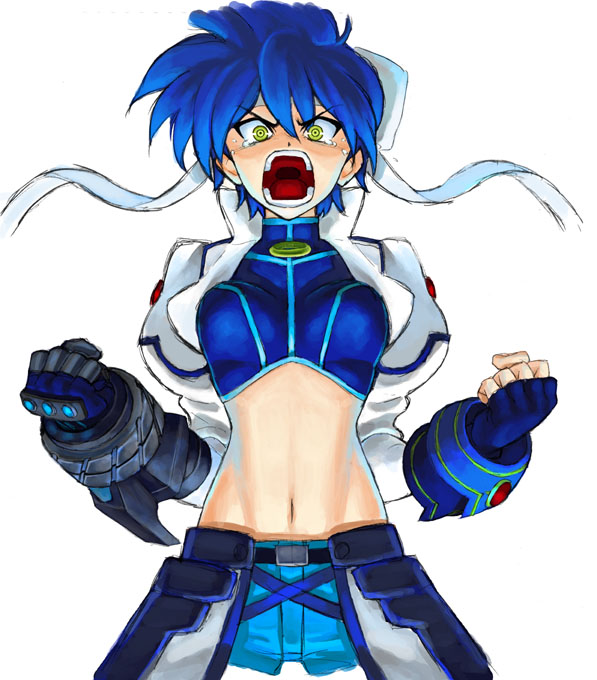 revolver knuckle, subaru nakajima, lyrical nanoha, mahou shoujo lyrical nanoha, mahou shoujo lyrical nanoha strikers, bad id, bad pixiv id, 00s, angry, blue hair, fingerless gloves, gloves, headband, midriff, navel, short hair, shorts, shouting, solo, tears, yellow eyes