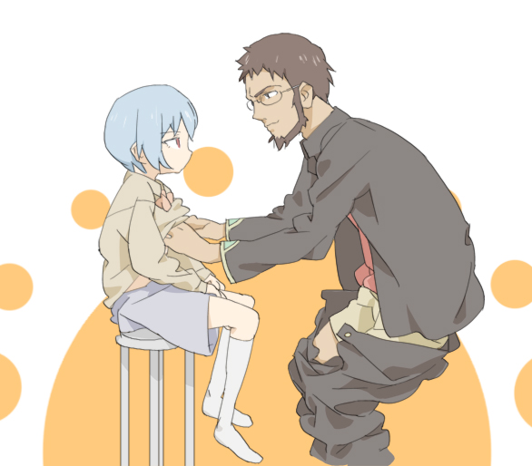 neemui, ayanami rei, ikari gendou, neon genesis evangelion, bad id, bad pixiv id, 1boy, 1girl, age difference, aged down, beard, blue hair, boxers, chair, clothes lift, clothes pull, facial hair, feet, glasses, groping, hetero, kneehighs, loli, male underwear, molestation, pants, pants pull, red eyes, shirt lift, short hair, sitting, skirt, socks, thighhighs, underwear, undressing
