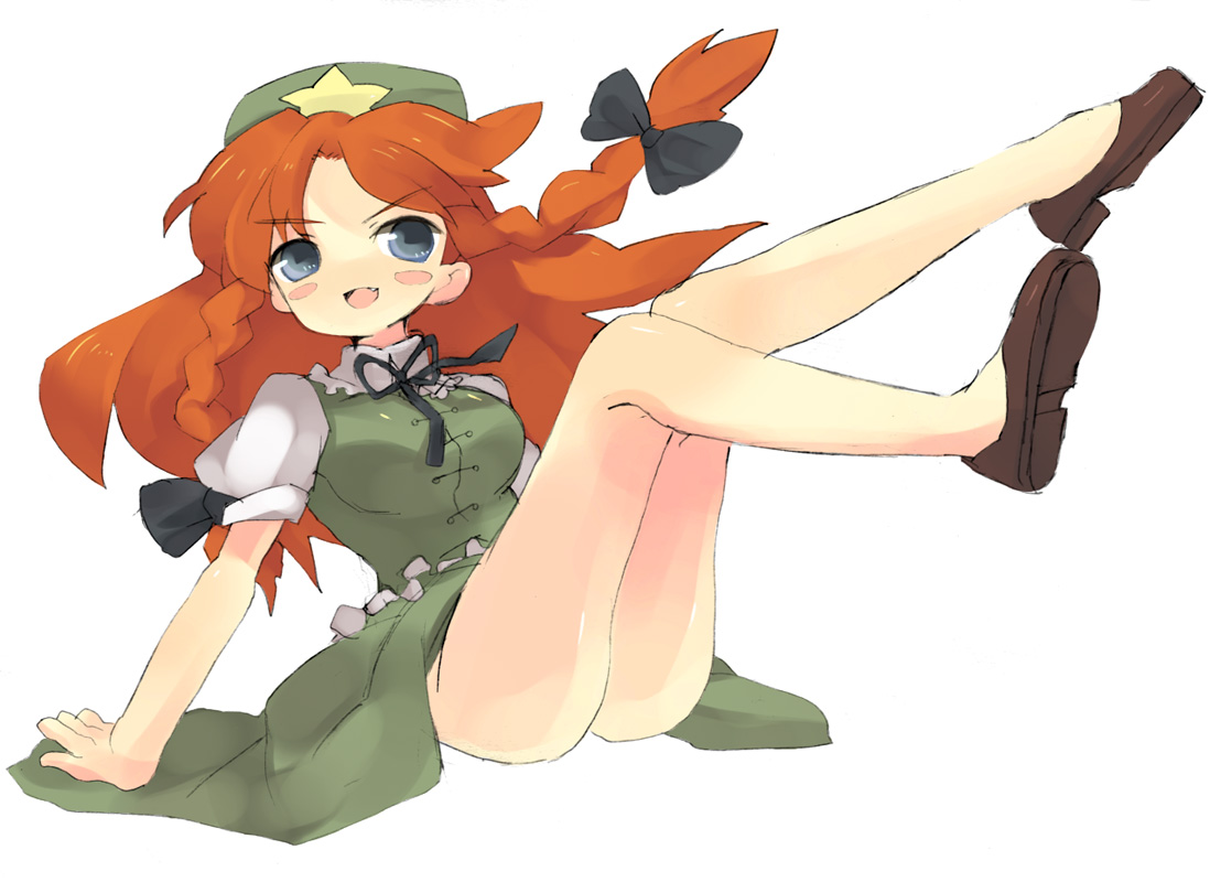 dadami, hong meiling, embodiment of scarlet devil, touhou, bad id, bad pixiv id, 1girl, ass, blue eyes, blush, blush stickers, breasts, china dress, chinese clothes, dress, female focus, full body, hat, long hair, no panties, red hair, ribbon, simple background, solo, star (symbol), white background