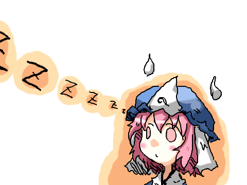 crie, sukima (crie), saigyouji yuyuko, touhou, bad id, bad pixiv id, lowres, 1girl, blue hat, chibi, female focus, ghost, hat, mob cap, portrait, sleeping, solo, zzz